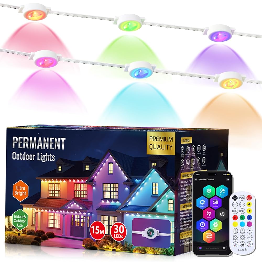 Quntis Permanent Outdoor Lights, Smart RGBIC DreamColor Eaves Lights,50FT,IP67 Waterproof LED String Lights for Holiday, Patio & Year-Round Decor (App/Remote Control).