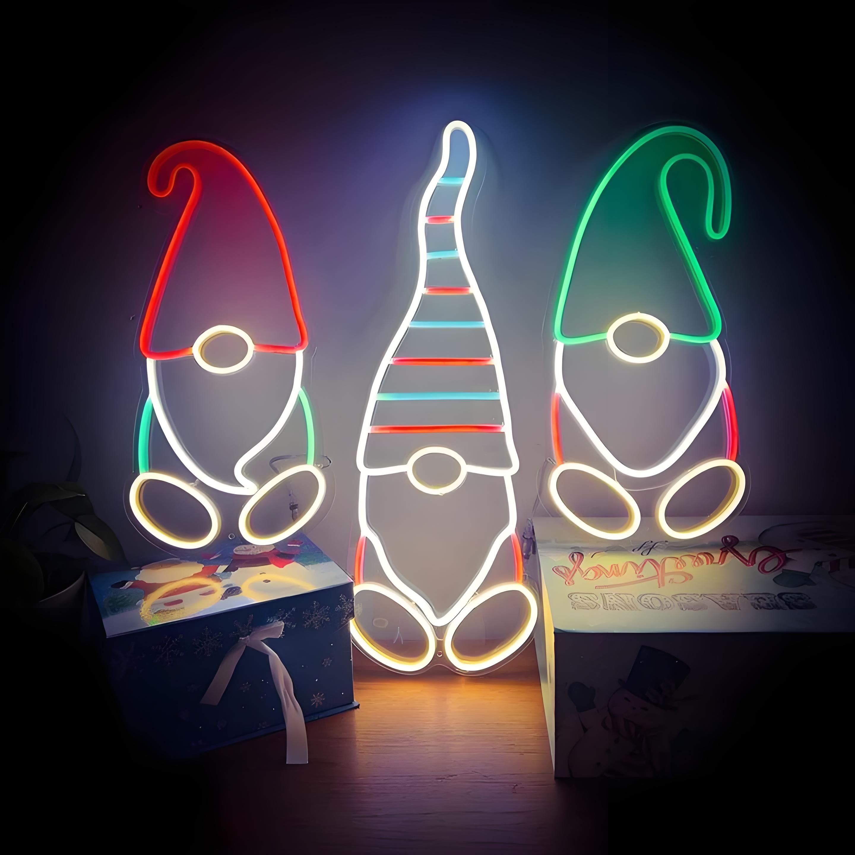 Merry Christmas Gnomes Neon Sign Whimsical Holiday Decor with Vibrant Neon Glow