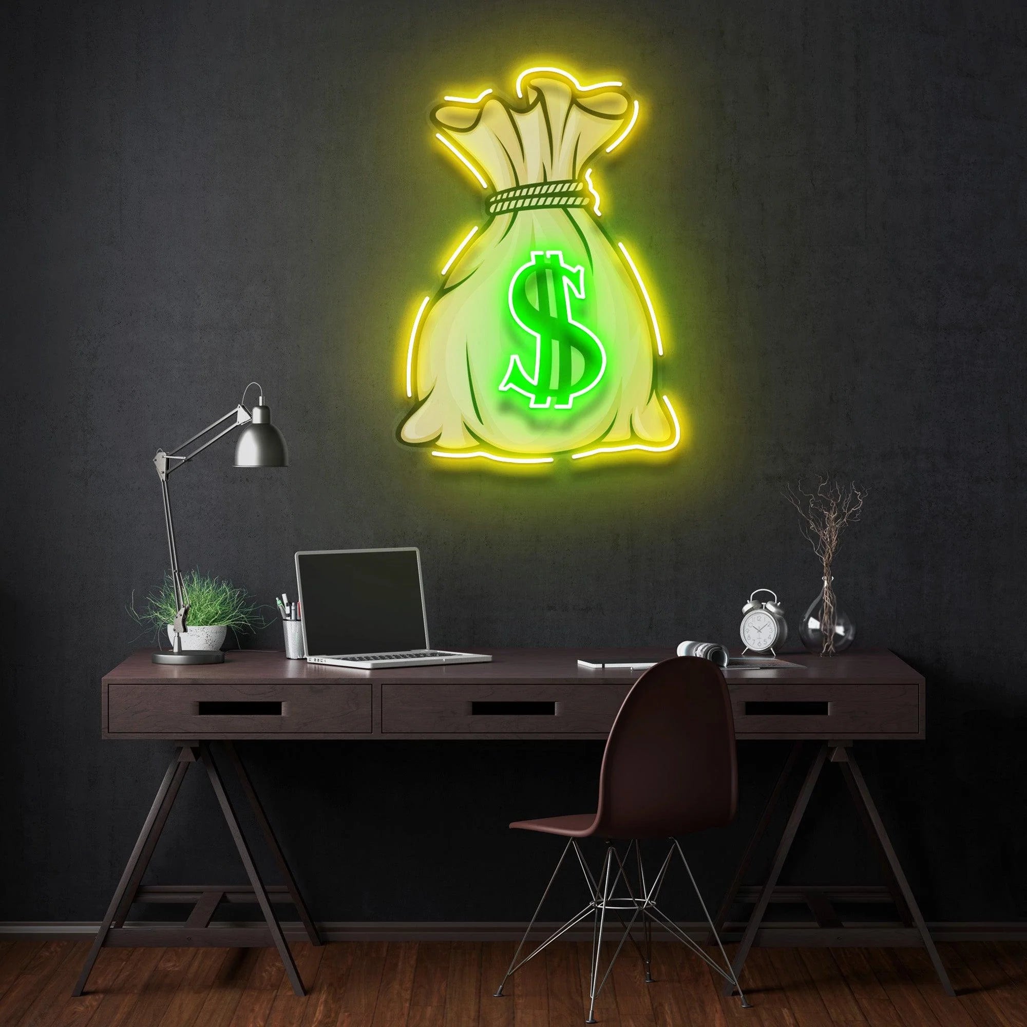 Money Bag LED Neon Sign – Dollar Sack Wall Light for Office, Studio, or Game Room Decor