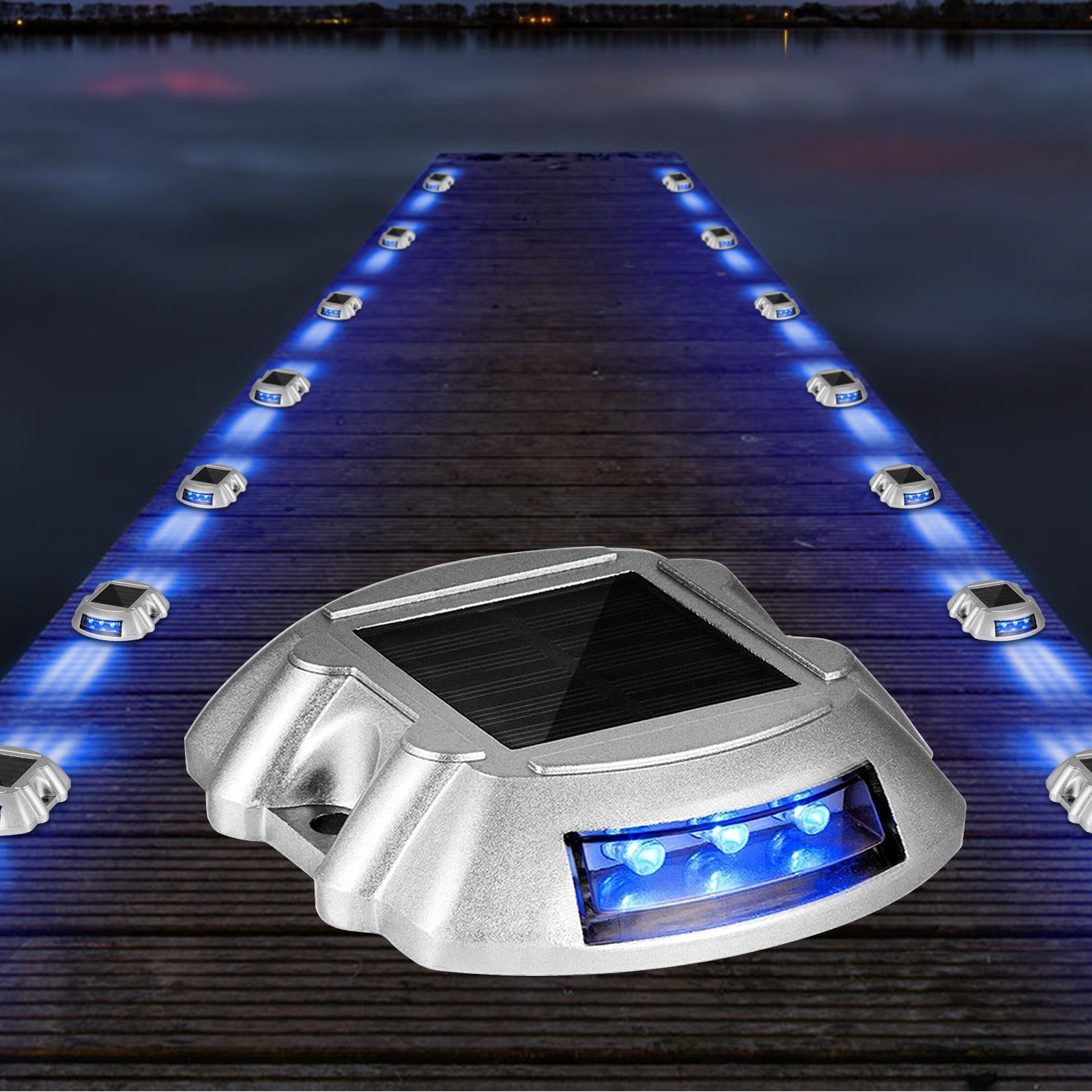 Luces de entrada solar brillantes azules con tornillo, luces solares para terraza, luces exteriores para muelle, luces de advertencia para senderos, pasillos, aceras y escalones de jardín.