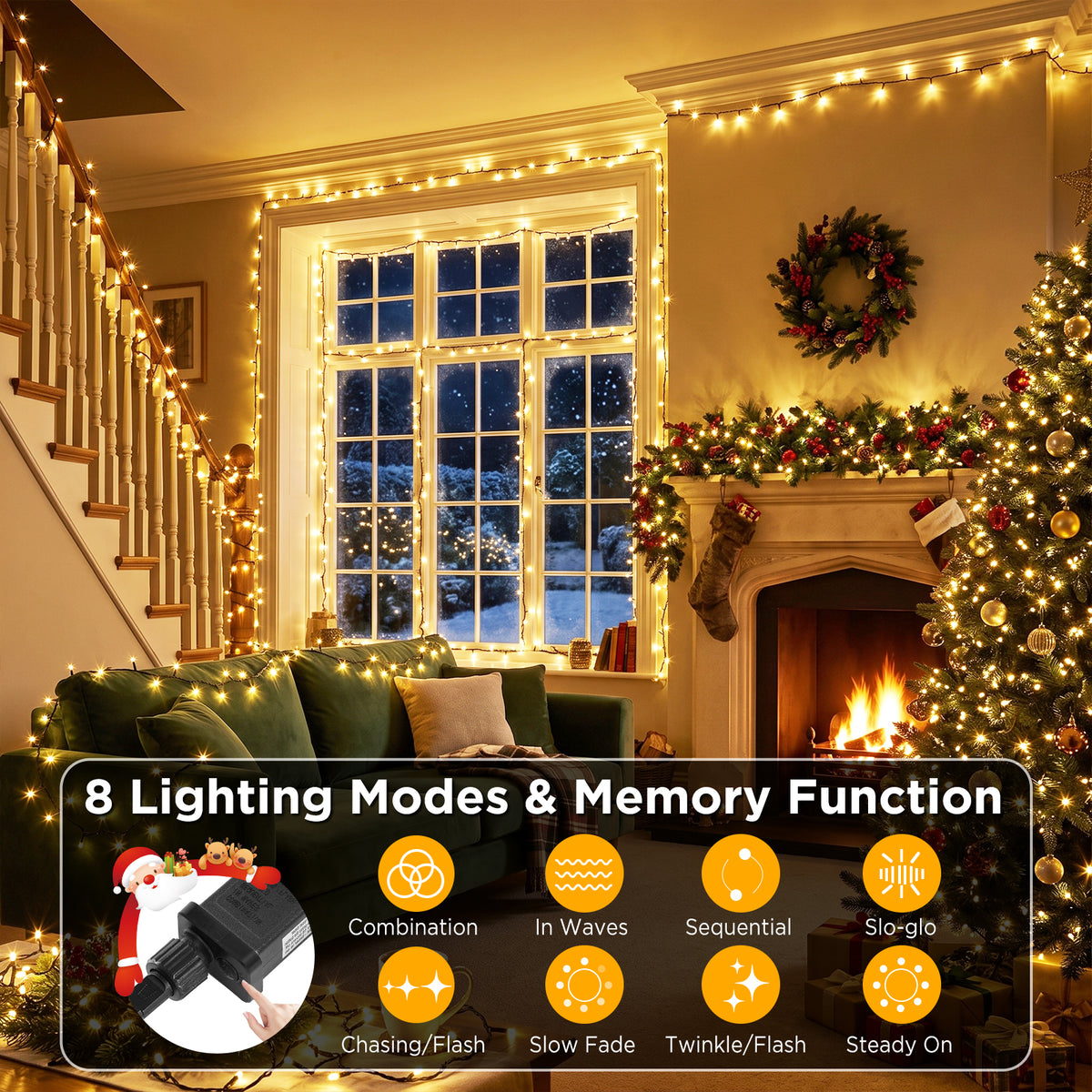 Quntis 20m(65.6ft) 1000 LED Guirlande lumineuse de Noël à bulles, blanc chaud, câble noir