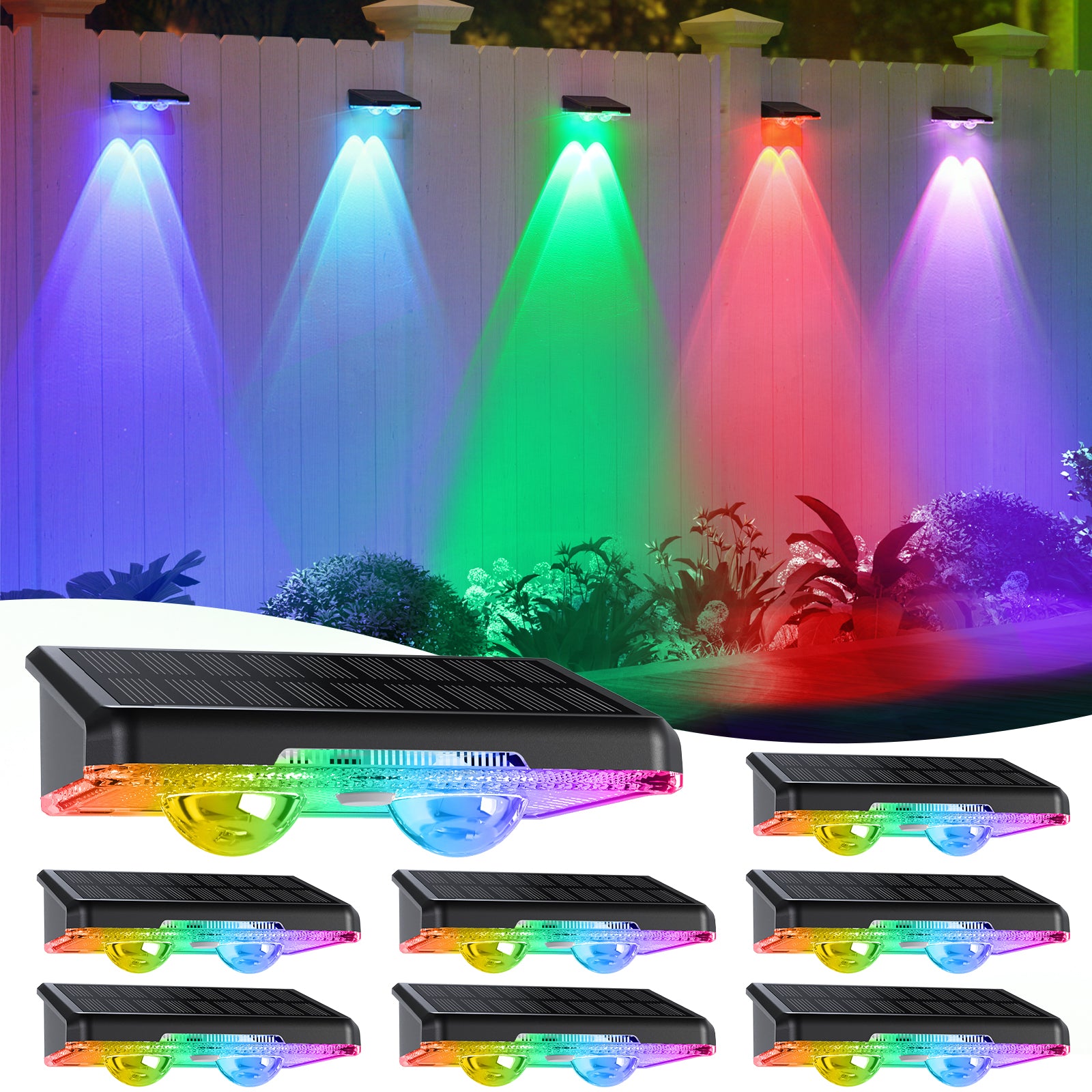 Quntis Outdoor Solar Wall Lights, 8 Pack Solar Fence Lights Warm White & 11 RGB Modes IP64 Waterproof Wireless Stick On Wall Lamps for Outside Garden Front Door Deck Stair Yard Railing Patio Decor