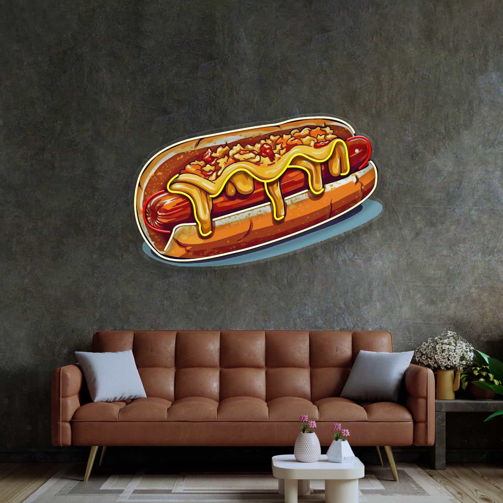 Diseño Divertido de Neón de Hot Dog con Mostaza y Relish para Comedores, Cafés y Cocinas