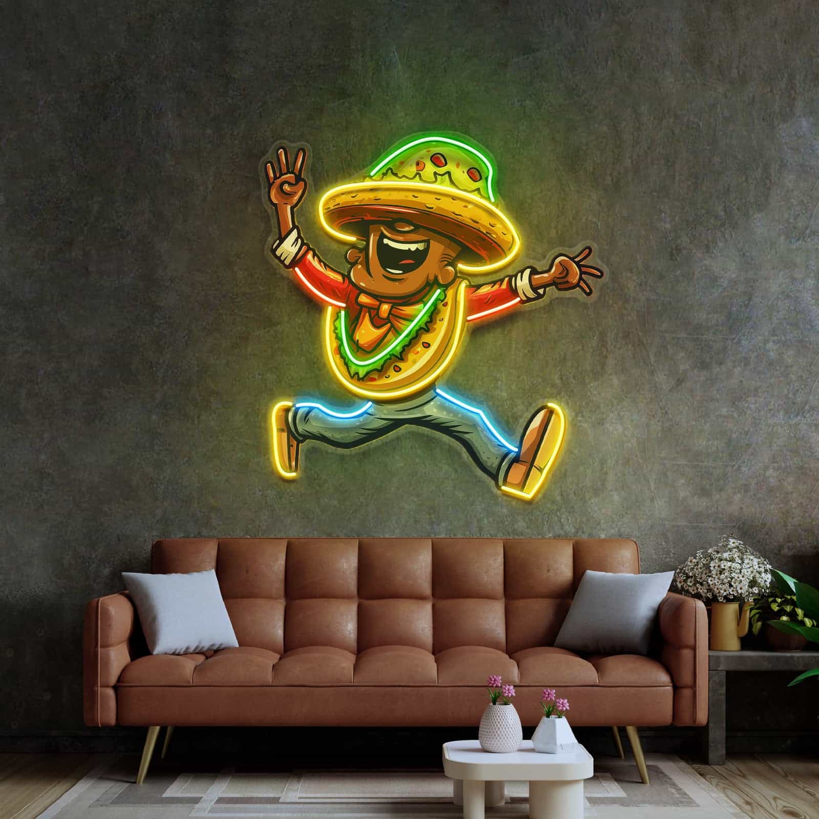 Taco Kostüm Neon Zeichen Verspielt Charakter Design für Mexikanische Restaurants Küchen Bars