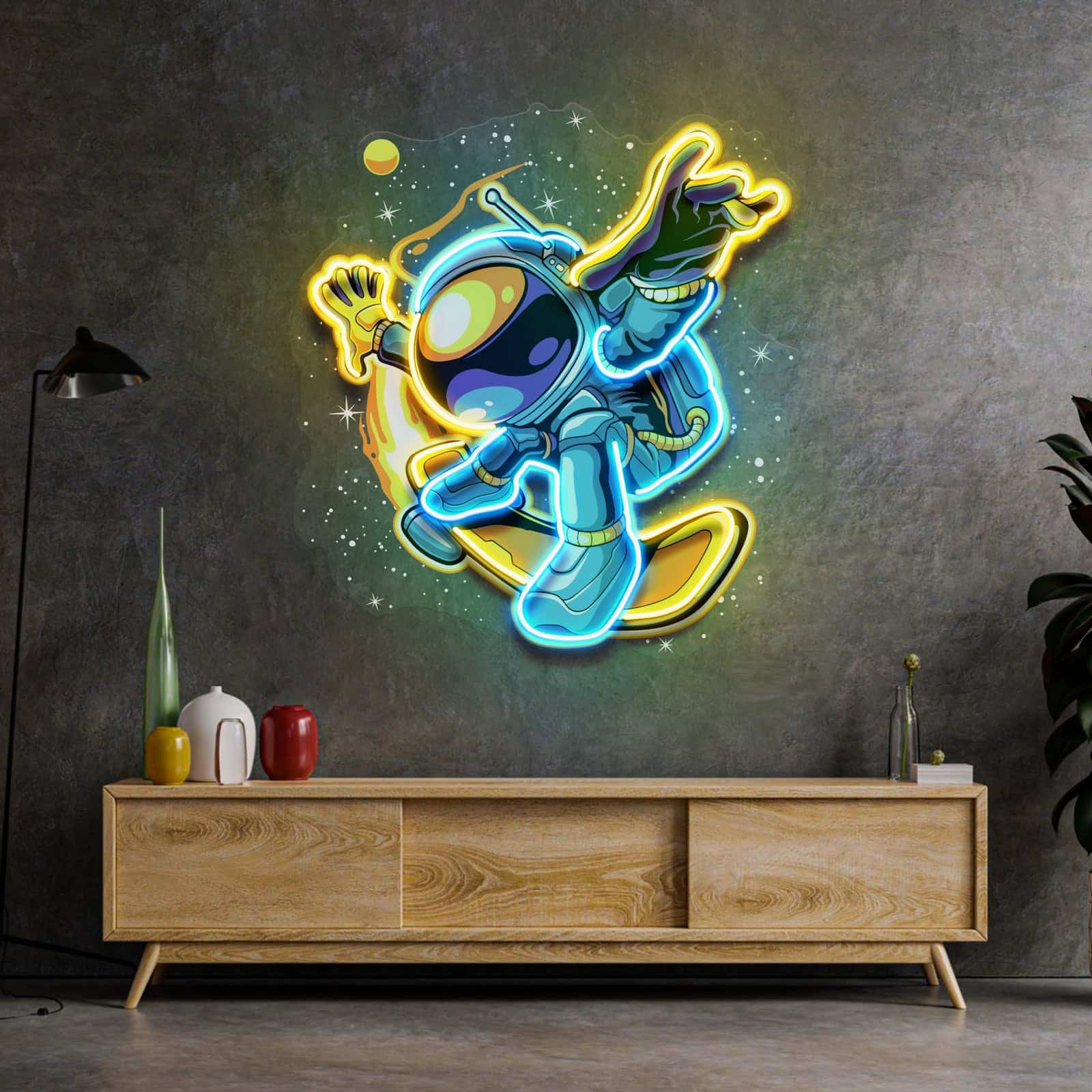 Cartoon Astronaut Neon Sign Vibrant Yellow, Blue & Green LED Art for Kids' Rooms, Play Areas, and Themed Decor