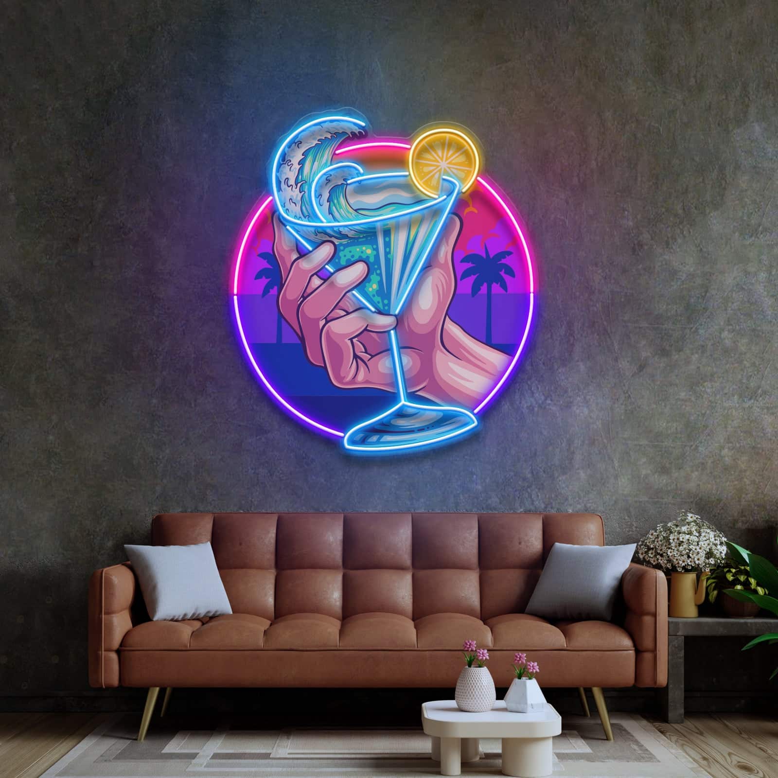 Tropical Cocktail Neon Sign,Ocean Waves and Vibrant Colors Perfect for Beach Bars, Lounges, and Home Bars