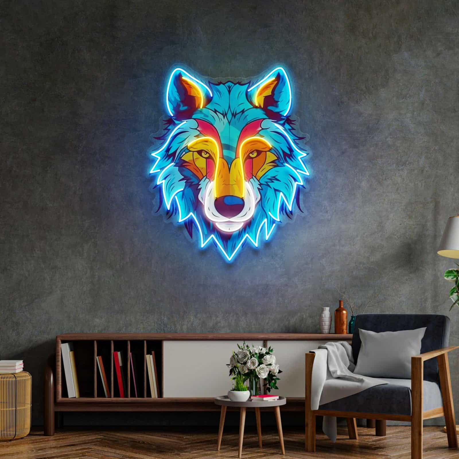 Wild Spirit Neon-Schild Detailliertes Wolfsgesicht für Wohnzimmer, Spielzimmer und Cafés