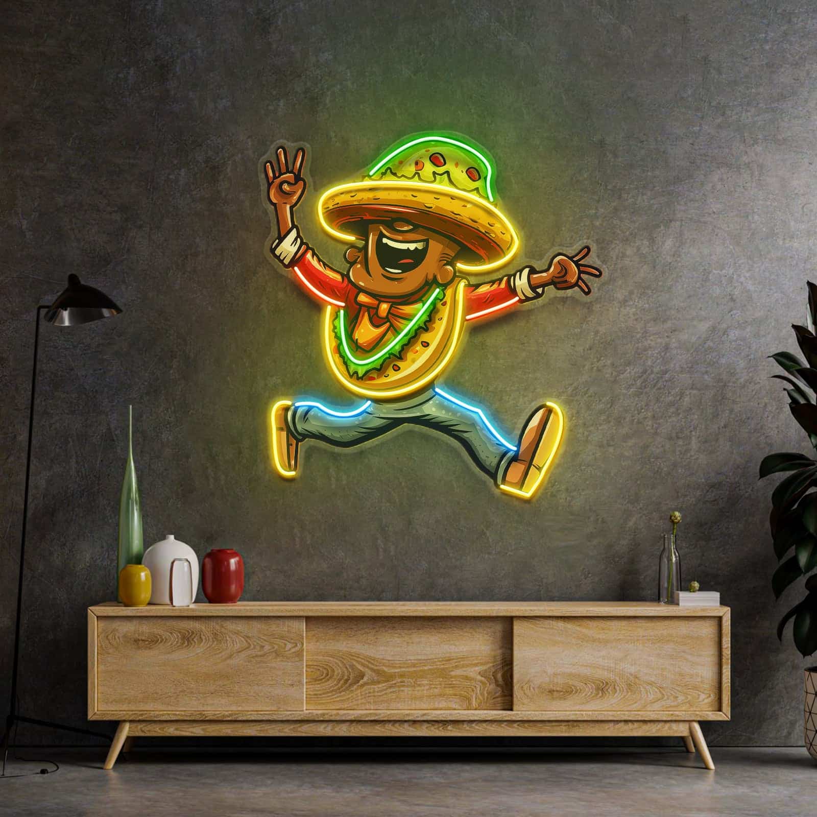 Taco Kostüm Neon Zeichen Verspielt Charakter Design für Mexikanische Restaurants Küchen Bars