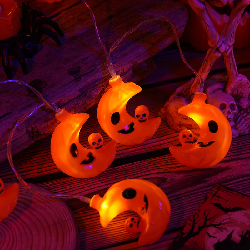 Crescent Moon and Skull Halloween String Lights - Soft Ambient Glow for Indoor & Outdoor Decor, Battery-Powered and Durable for Parties and Spooky Celebrations