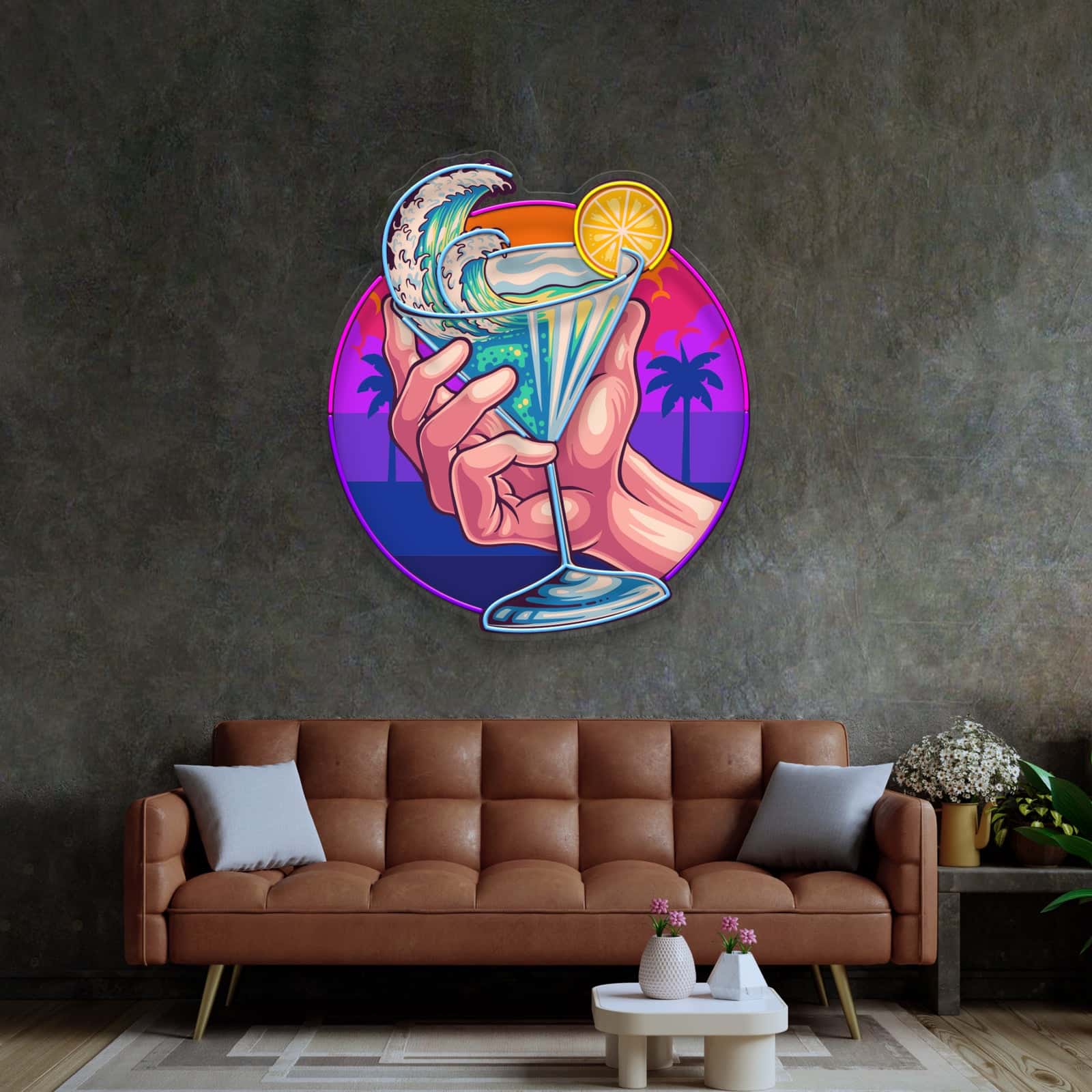 Tropical Cocktail Neon Sign,Ocean Waves and Vibrant Colors Perfect for Beach Bars, Lounges, and Home Bars
