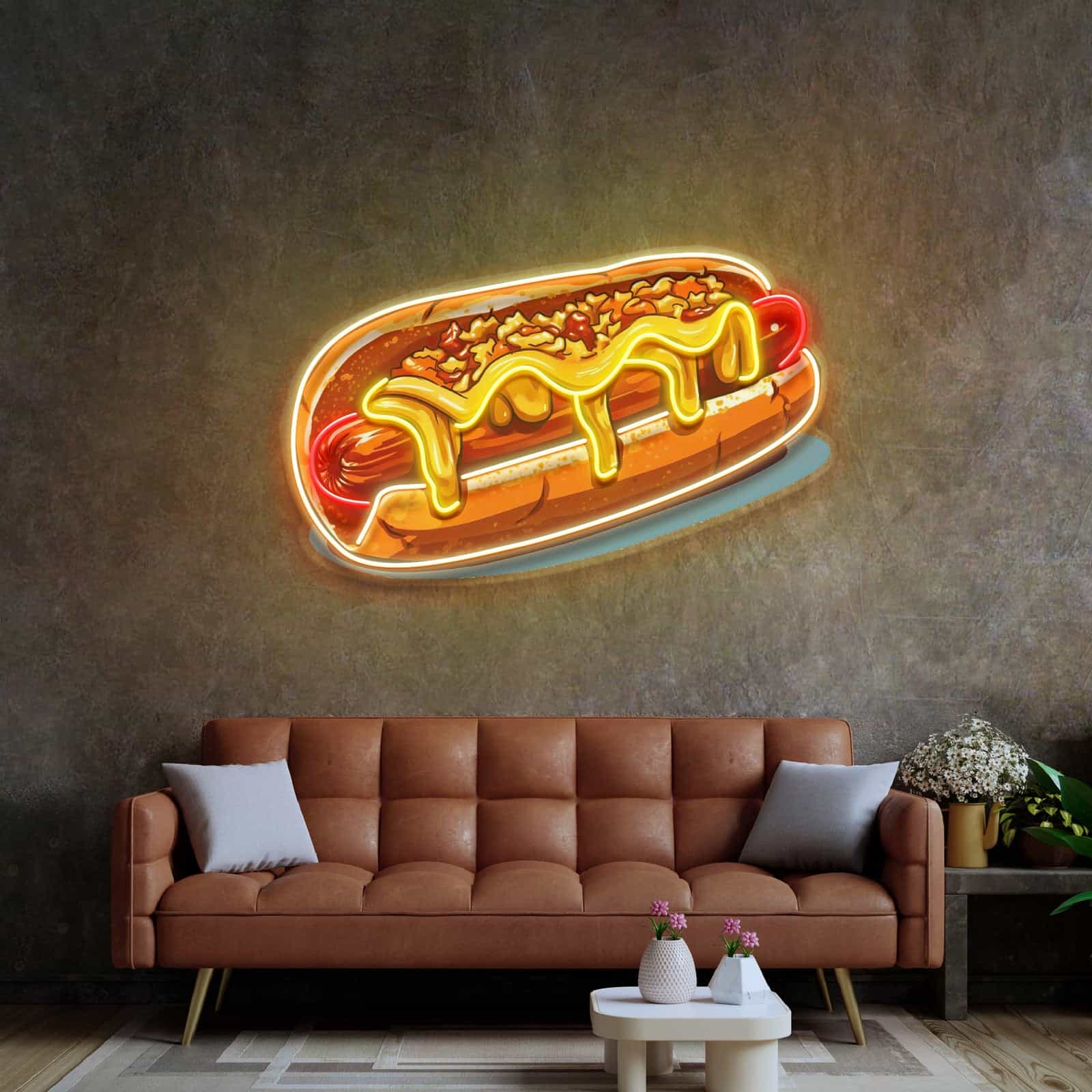 Diseño Divertido de Neón de Hot Dog con Mostaza y Relish para Comedores, Cafés y Cocinas