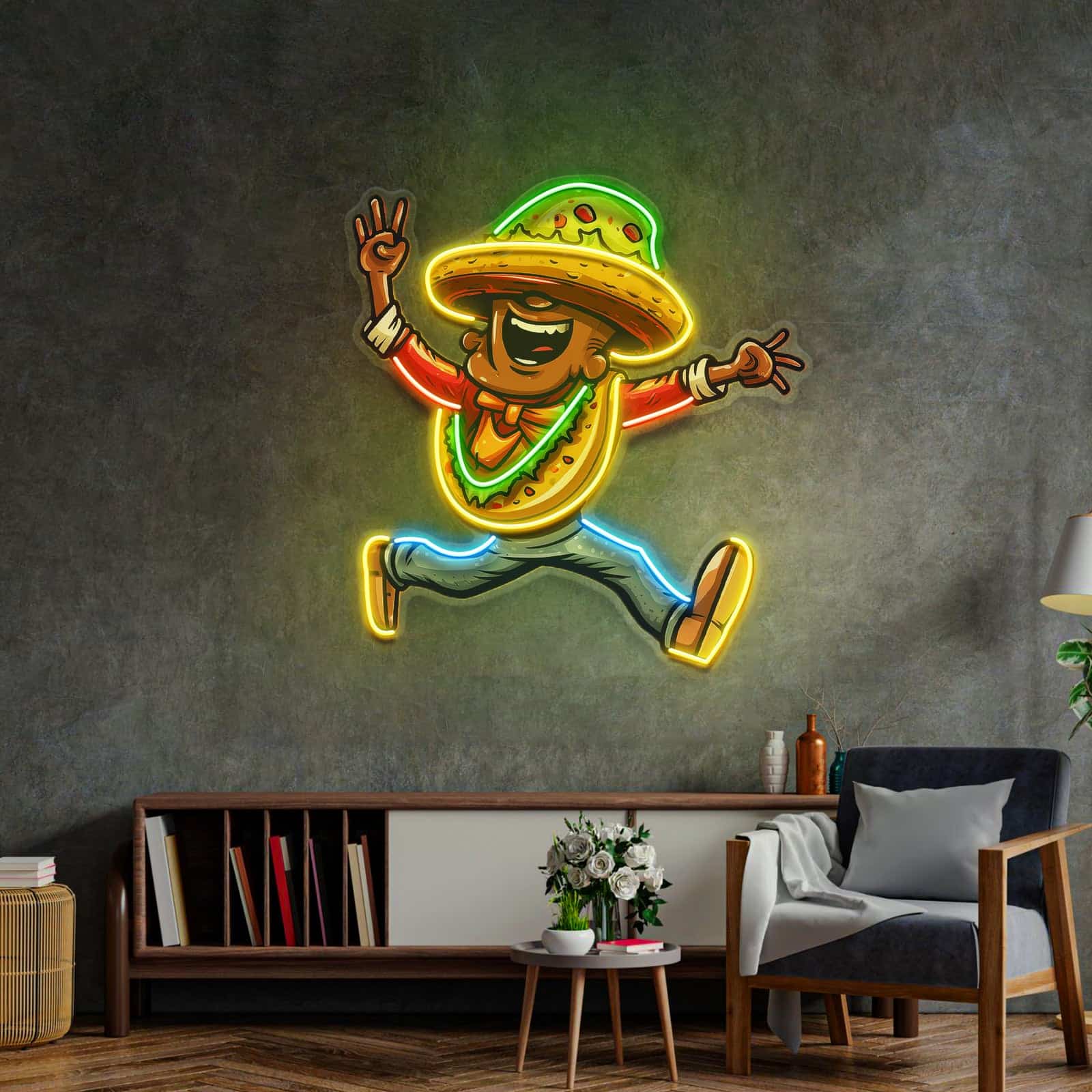 Taco Kostüm Neon Zeichen Verspielt Charakter Design für Mexikanische Restaurants Küchen Bars
