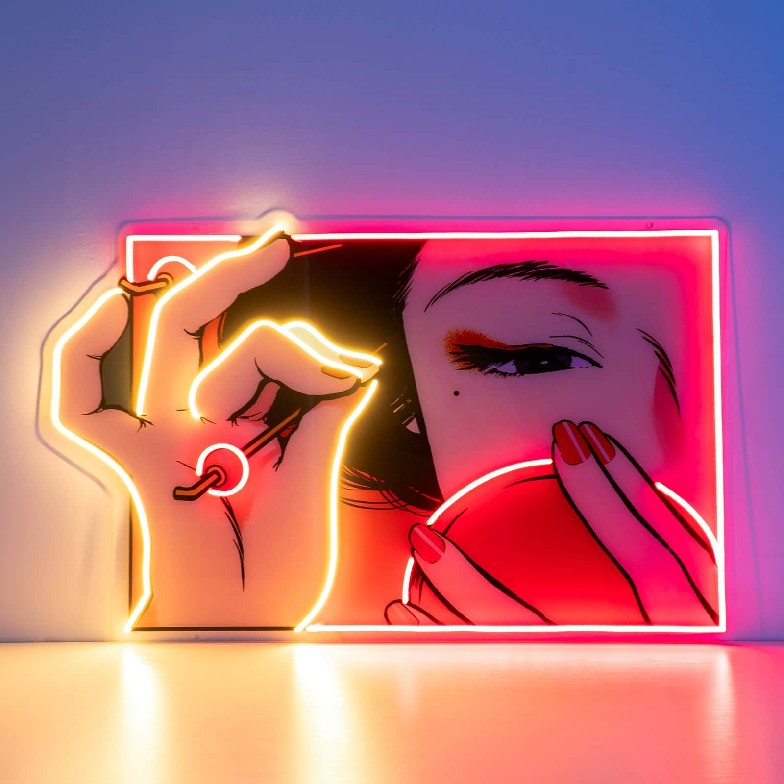 Artistic Neon Sign with Mysterious Woman and OK Gesture Vibrant Red  Backdrop for Contemporary and Thought-Provoking Spaces, image size:1600x1600