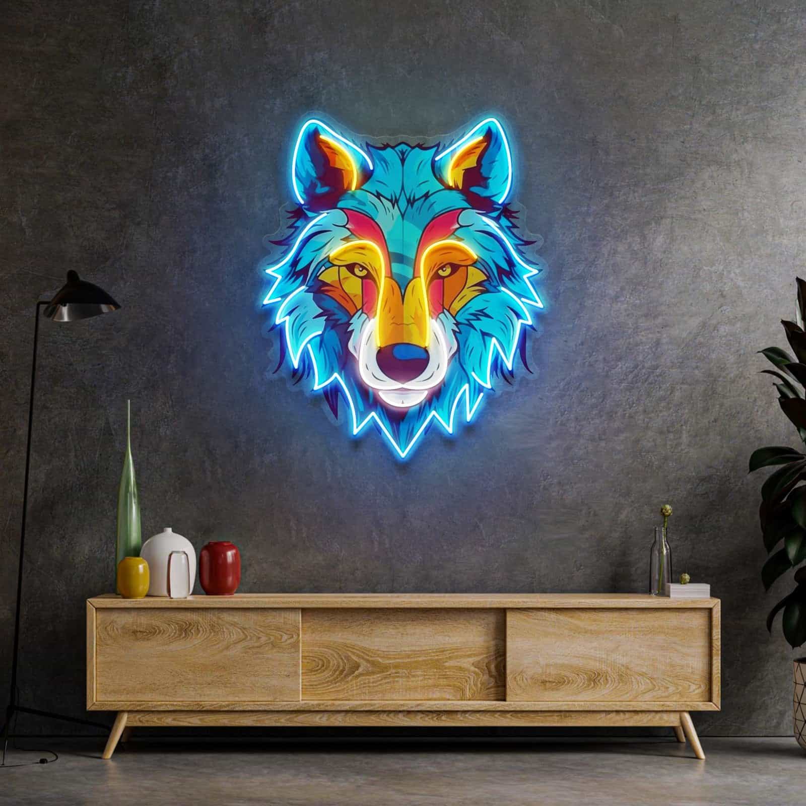 Wild Spirit Neon-Schild Detailliertes Wolfsgesicht für Wohnzimmer, Spielzimmer und Cafés