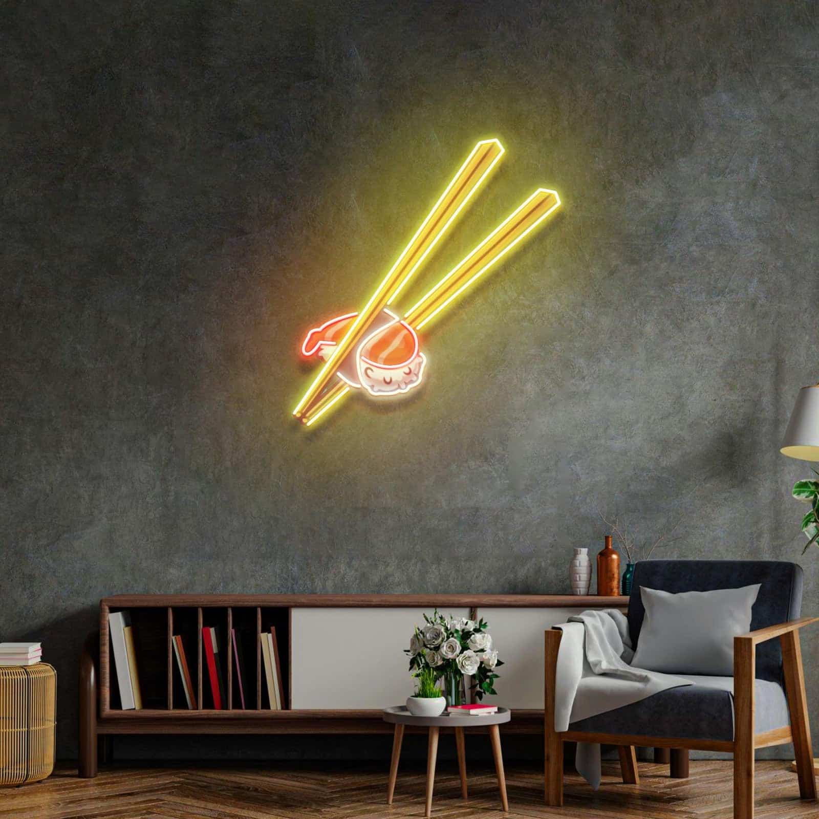 Sushi avec enseigne néon ¨C Art LED rouge et jaune frappant pour des chambres à thème, décoration fantastique et espaces créatifs