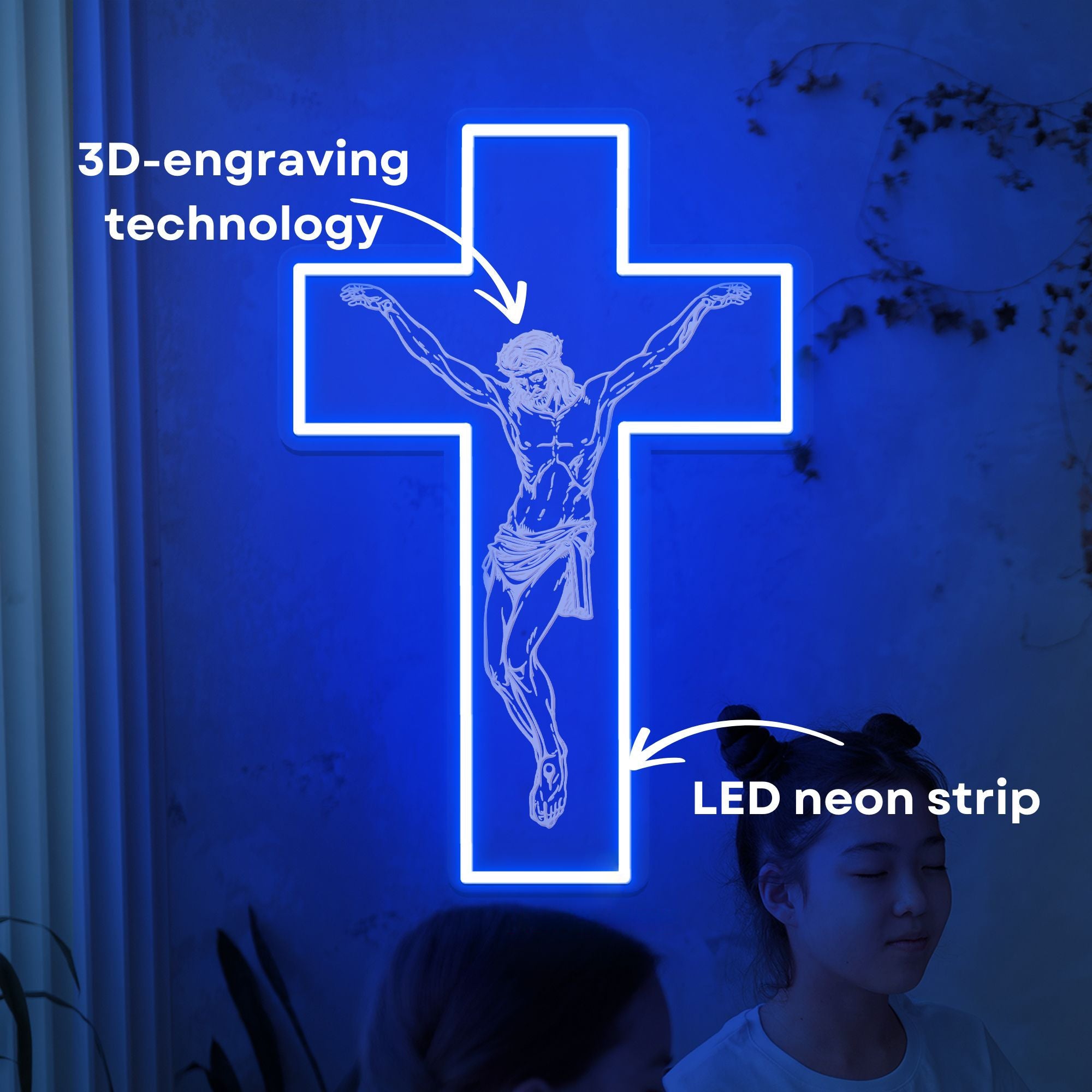 3D Engraved Jesus Cross Neon Wall Light – Christian LED Faith Sign for Home & Church Decor