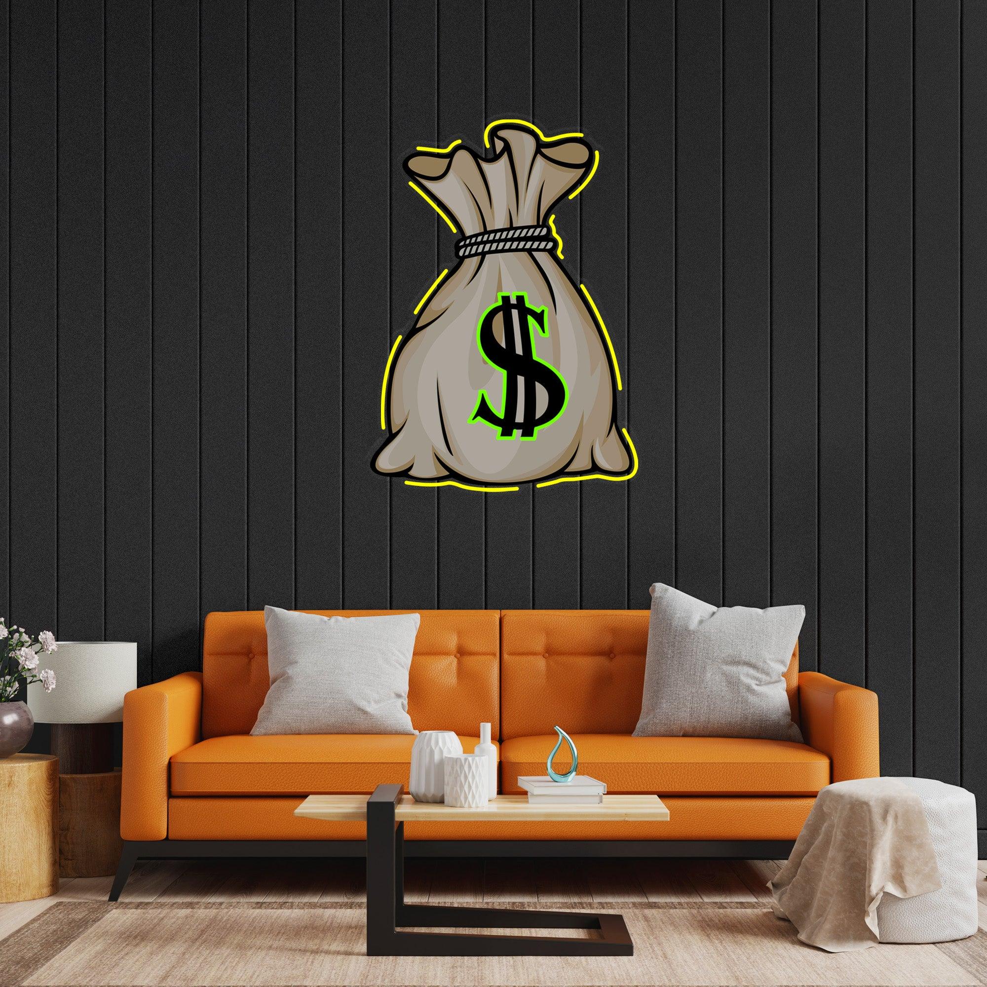 Money Bag LED Neon Sign – Dollar Sack Wall Light for Office, Studio, or Game Room Decor