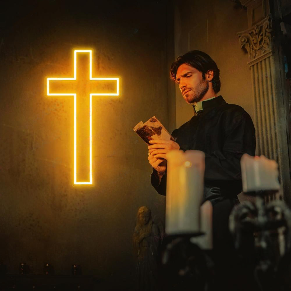 Glowing Cross Neon Wall Light – Minimalist Christian LED Sign for Home & Church Decor
