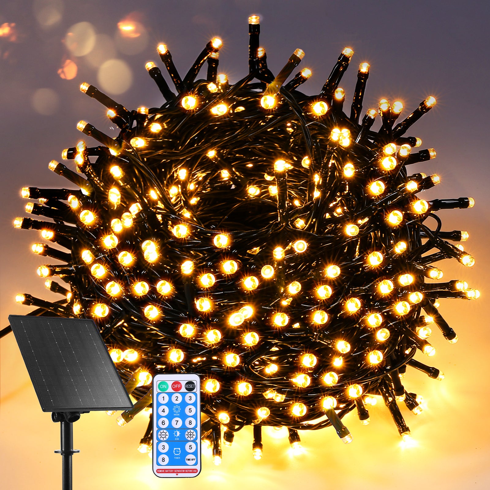 Quntis 40m 300-LEDs Solar Powered Waterproof Outdoor Christmas Fairy Lights – 8 Modes with Warm White Glow for Stunning Outdoor Decor