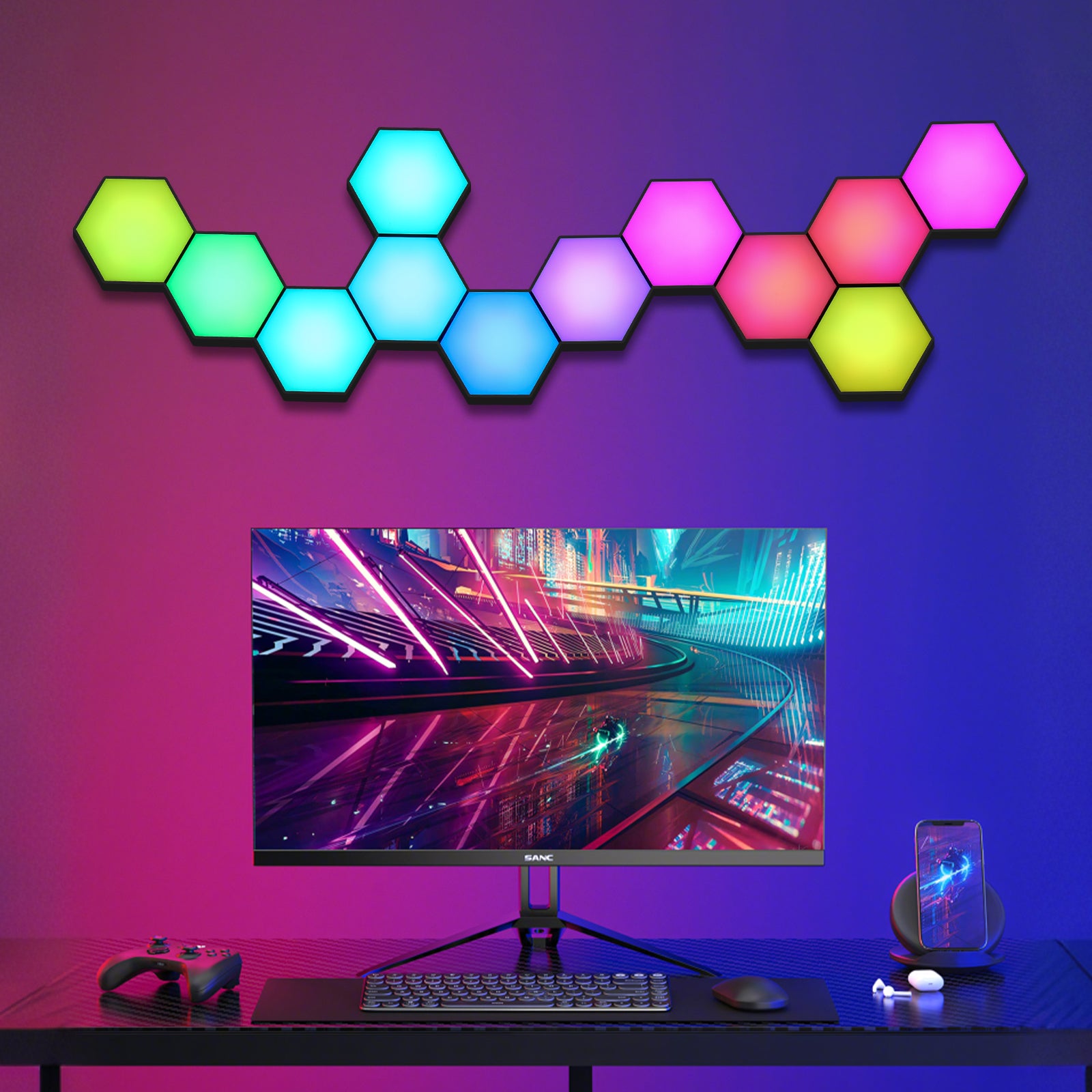 Luci esagonali, Pannelli Luminosi da Gioco a LED esagonali con App Bluetooth, Telecomando e sincronizzazione Musicale Luci da Gioco RGB, luci da Parete Amera da Letto/Streaming, Confezione da 10 Luci esagonali, Pannelli Luminosi da Gioco a LED esagonali con App Bluetooth, Telecomando e sincronizzazione Musicale Luci da Gioco RGB, luci da Parete Amera da Letto/Streaming, Confezione da 10
