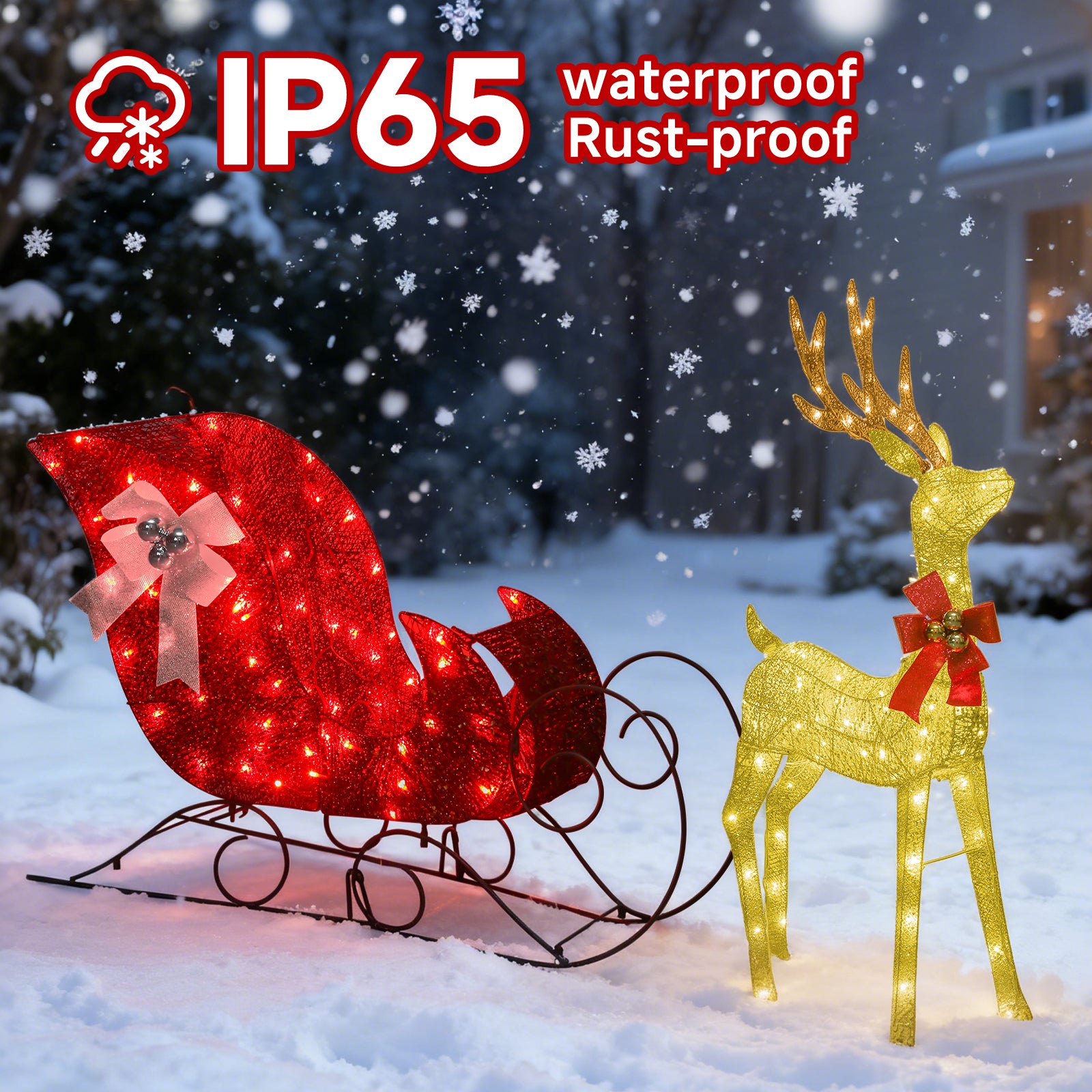 IP65 Waterproof LED Lighted Reindeer & Sleigh Set – Ultra-Bright 3D Outdoor Yard Decor for a Festive Christmas Wonderland