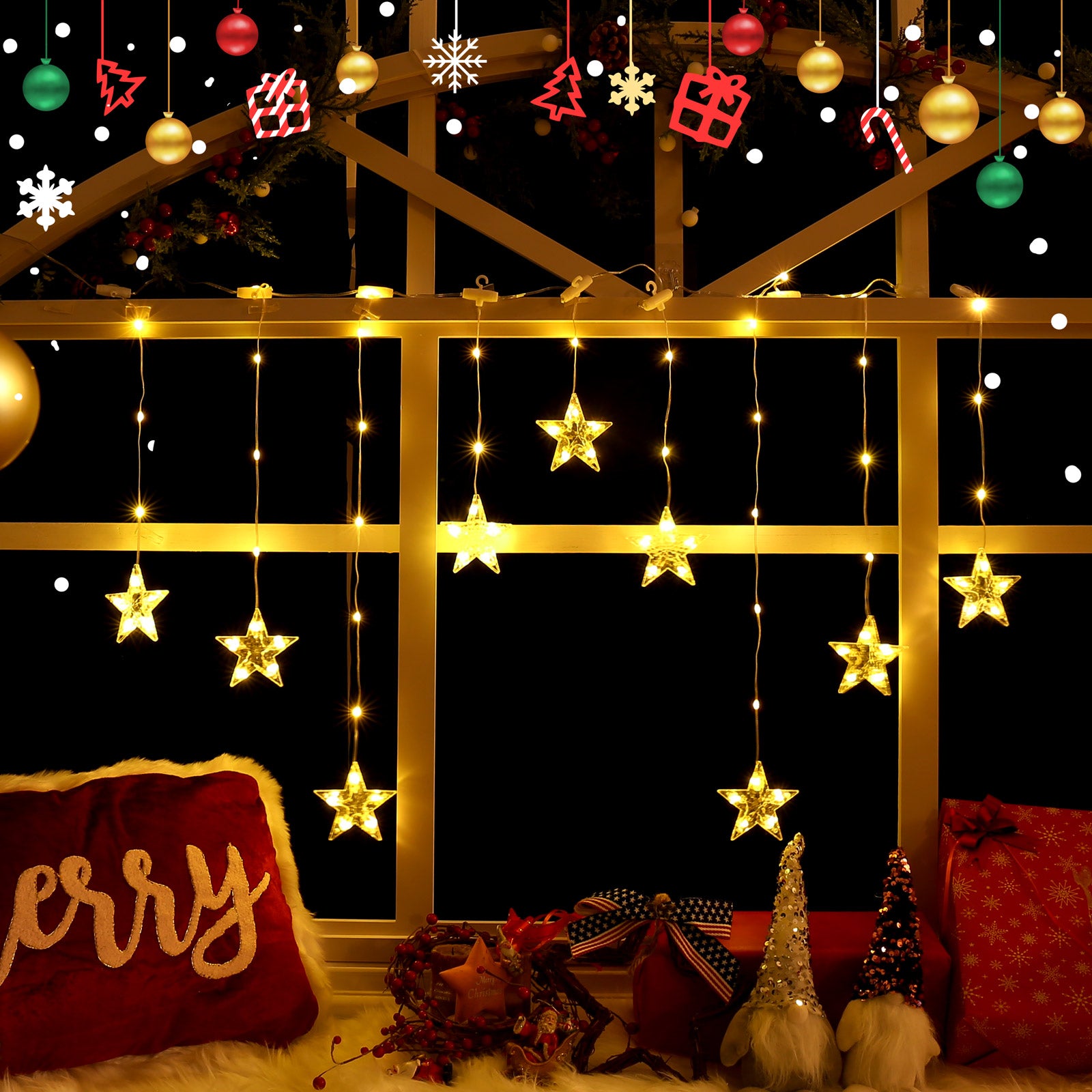 Quntis 9 Stars Warm White Xmas Lights for Windows – 8 Lighting Modes,