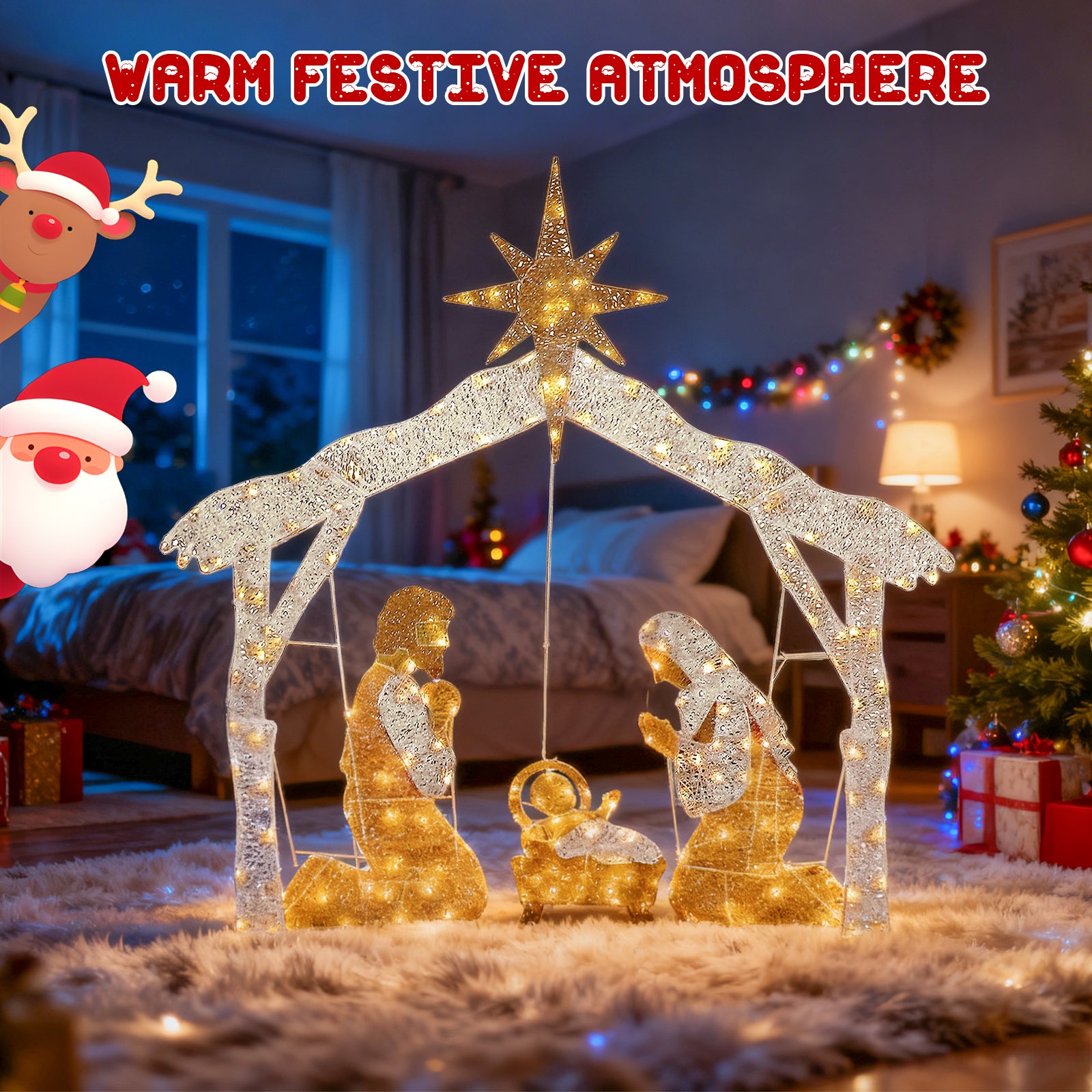 زينة فناء عائلة المسيح المقدسة لعيد الميلاد، تشمل أضواء LED بيضاء صغيرة مسبقة التوصيل وأوتاد أرضية. توصيات ضرورية لأضواء عيد الميلاد.