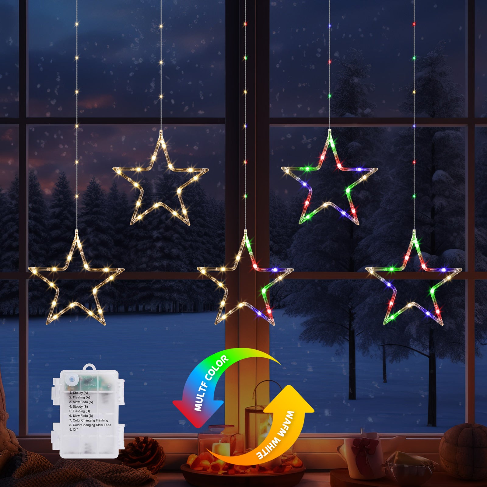 Quntis Christmas Window Lights – 60LED Color Changing 5-Star Curtain Lights, Battery Operated with Timer & 8 Modes for Indoor/Outdoor Decor