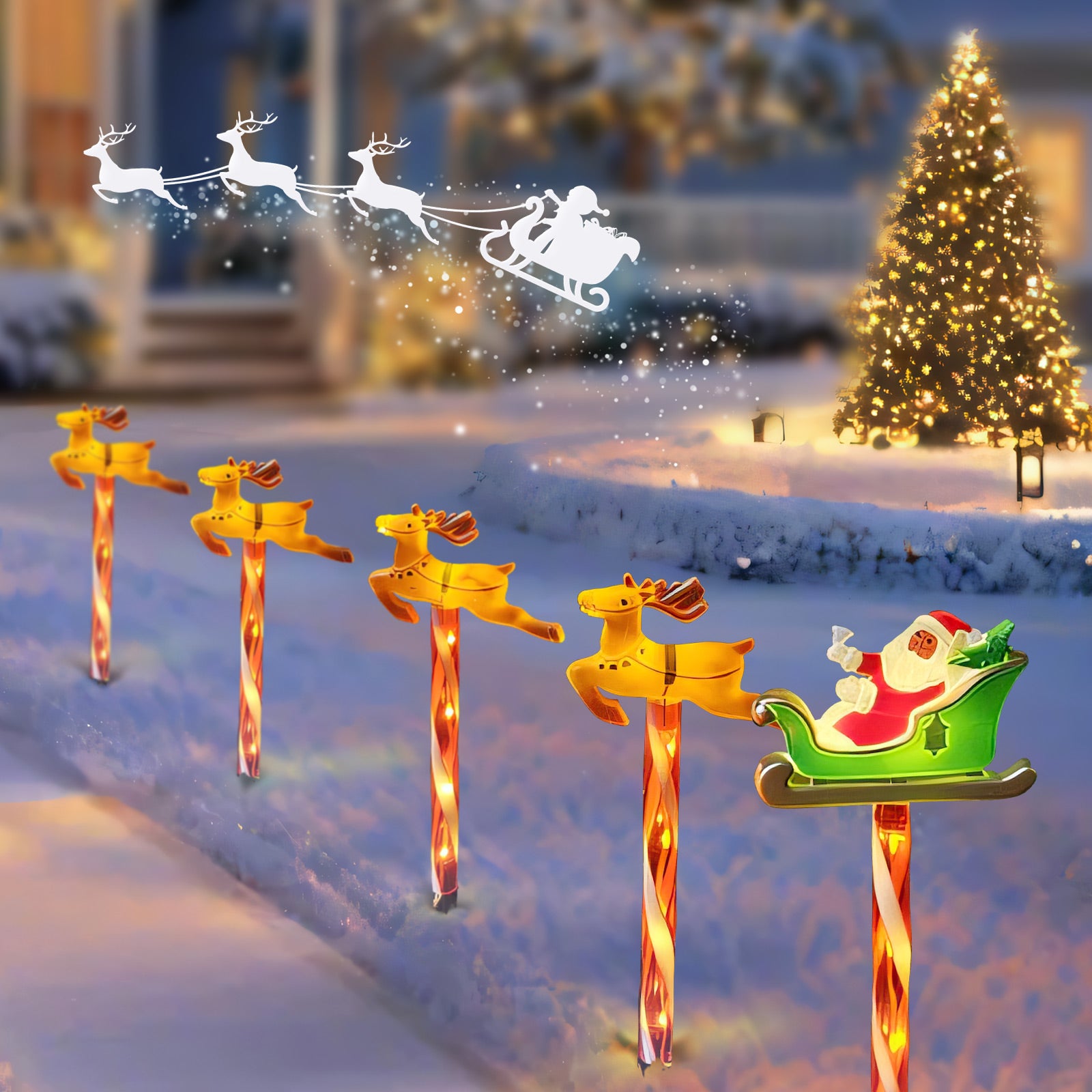 Solar LED Christmas Reindeer & Santa Sleigh Outdoor Stake Lights – Festive Garden & Yard Decor, Holiday Patio & Lawn Lighting