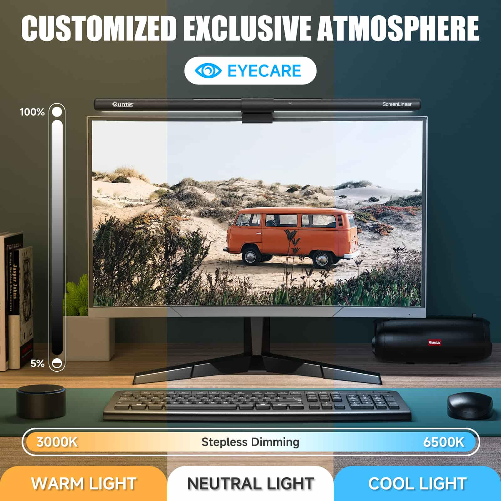 Quntis Monitor Light Bar PRO+ with Remote Control, Fit for Curved/Flat Monitor, Eye-Care USB Computer Lamp Dimmable Screen Light Bar with Auto-Dimming, No Glare Home Office Gaming Desk Lamp
