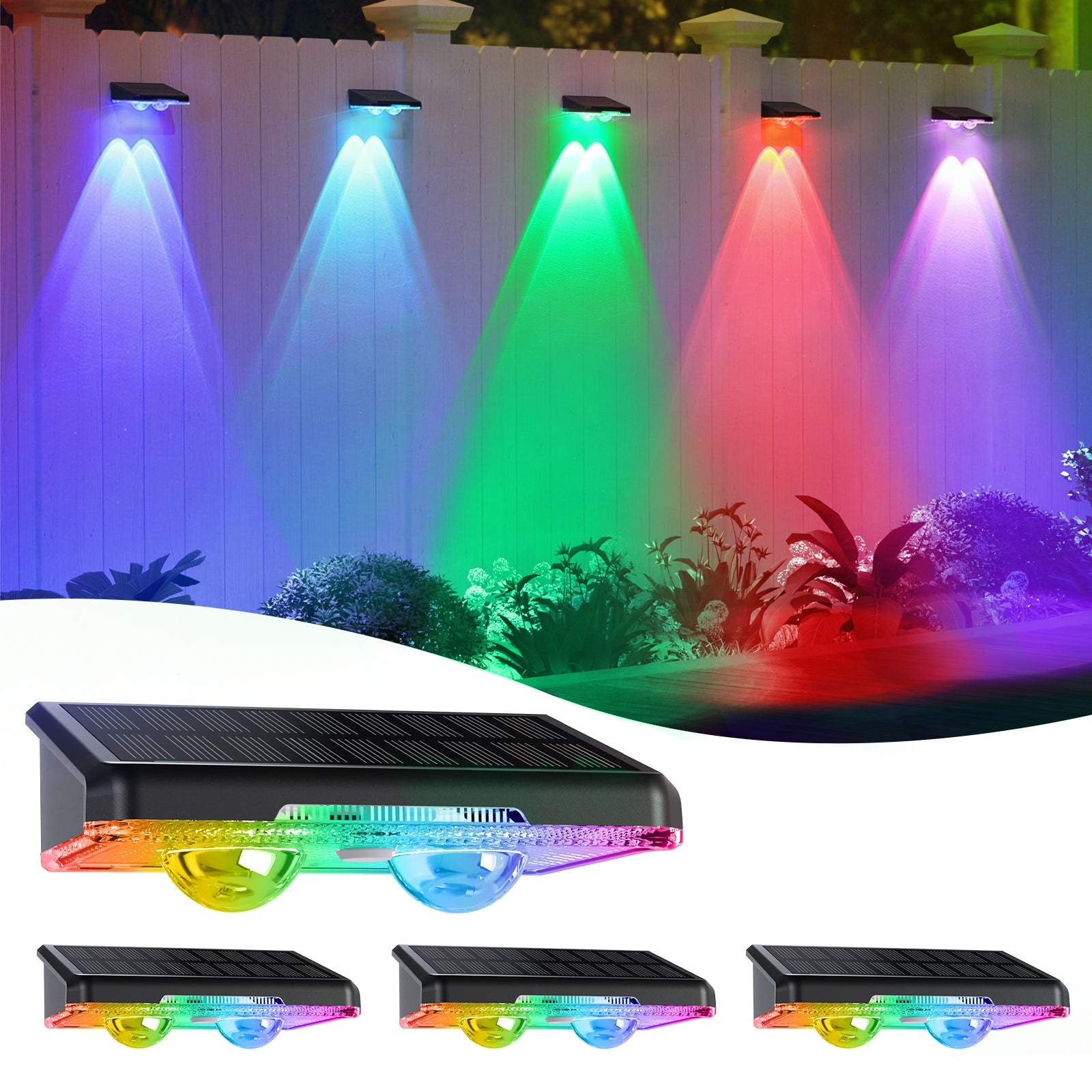 Quntis Outdoor Solar Wall Lights, 8 Pack Solar Fence Lights Warm White & 11 RGB Modes IP64 Waterproof Wireless Stick On Wall Lamps for Outside Garden Front Door Deck Stair Yard Railing Patio Decor