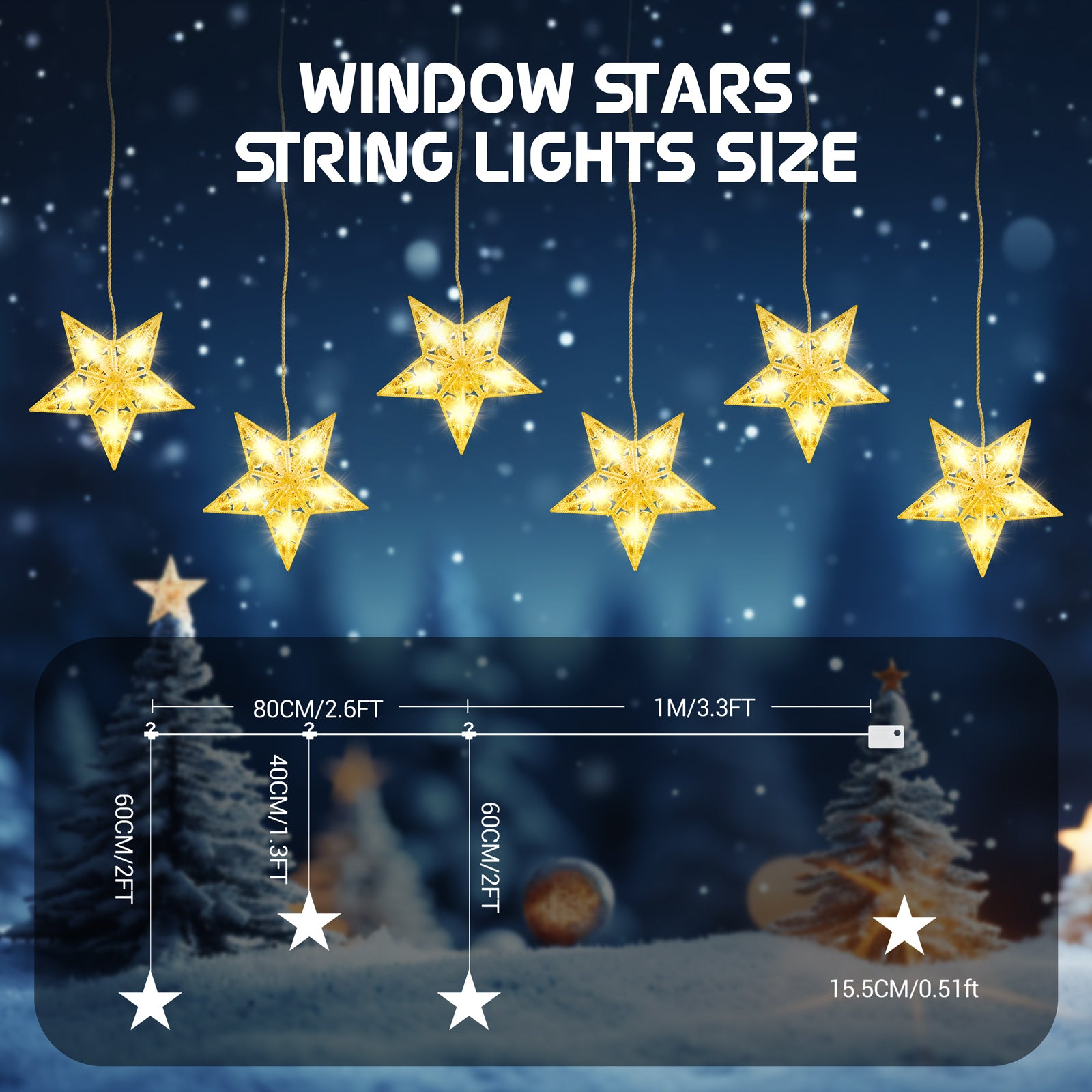Quntis 3つ星クリスマスダイヤモンド&クリスタル型ウィンドウライト(30個のLED) – きらびやかなクリスマスライトのための8つの照明モード、ホリデーデコレーションや屋内/屋外使用に最適