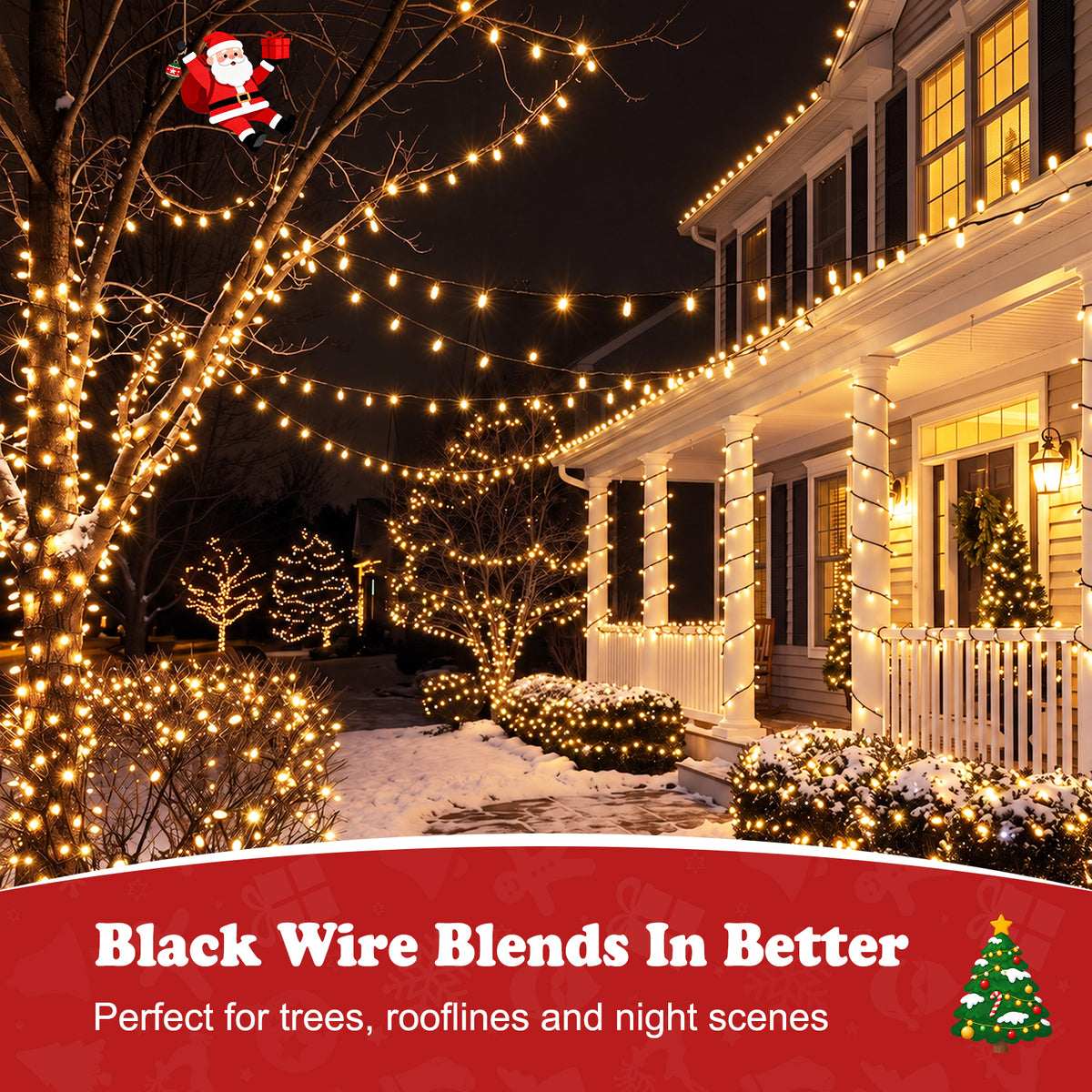 Quntis 65.6ft 400 LED Guirlande lumineuse à bulles, ampoules blanc chaud à sommet plat, câble noir, éclairage de Noël intérieur et extérieur