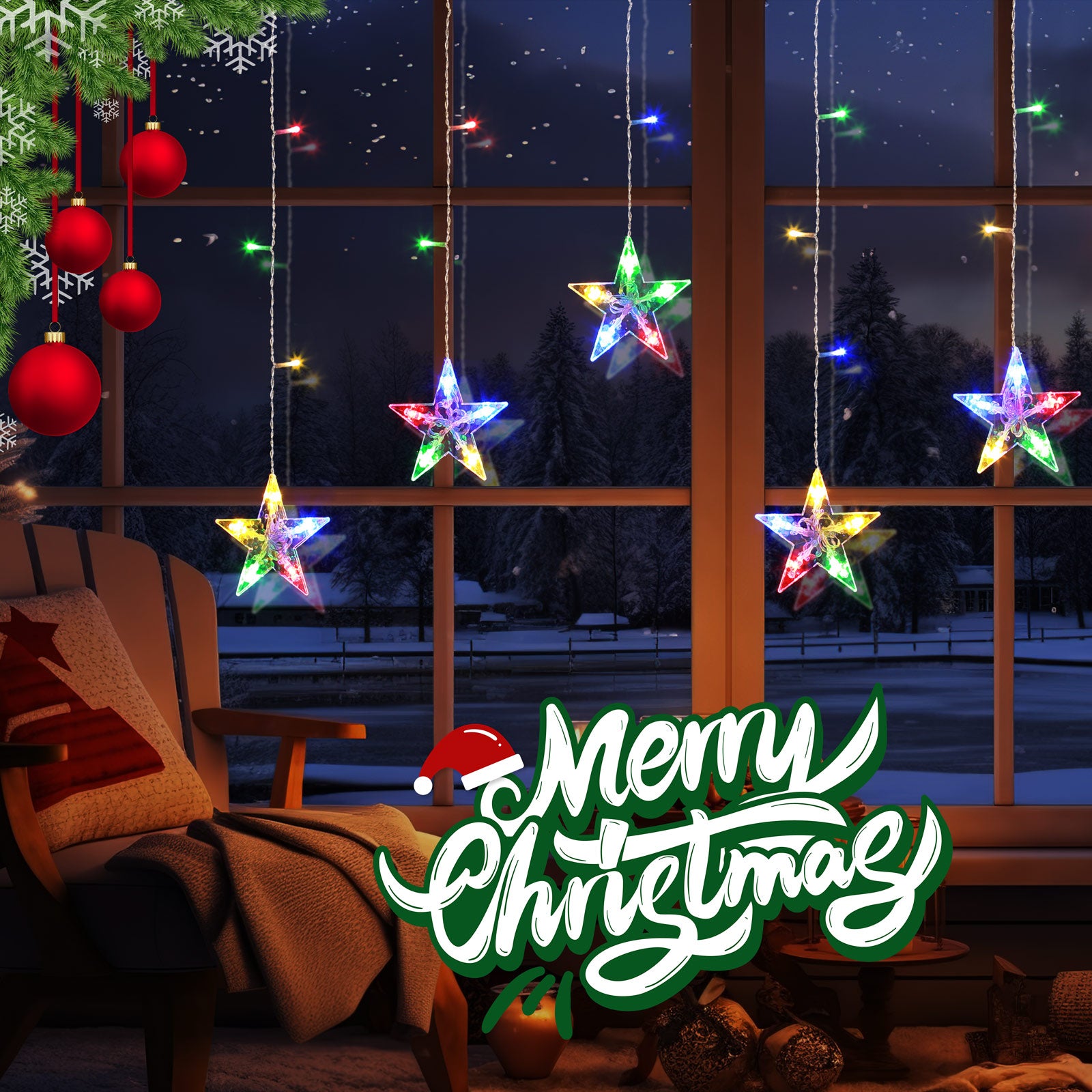 Quntis Luces de Cortina Estrelladas – 5 Estrellas Centelleantes, 36 LEDs, Funcionamiento a Batería con Temporizador y 8 Modos, Luces de Cuerda de Hadas para Decoración de Dormitorio, Ventana y Fiesta