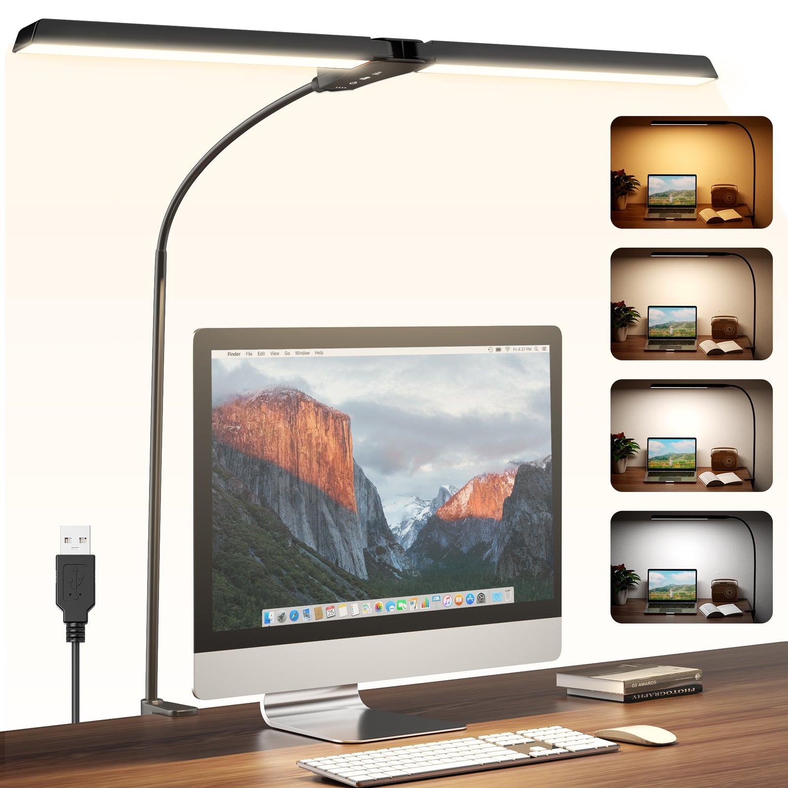 Dual-Head Eye-Caring Desk Lamp, No Blue Light, USB Powered, Dimmable LED Clamp Light for Reading, Study & Office, Soft Light That Won’t Hurt Eyes