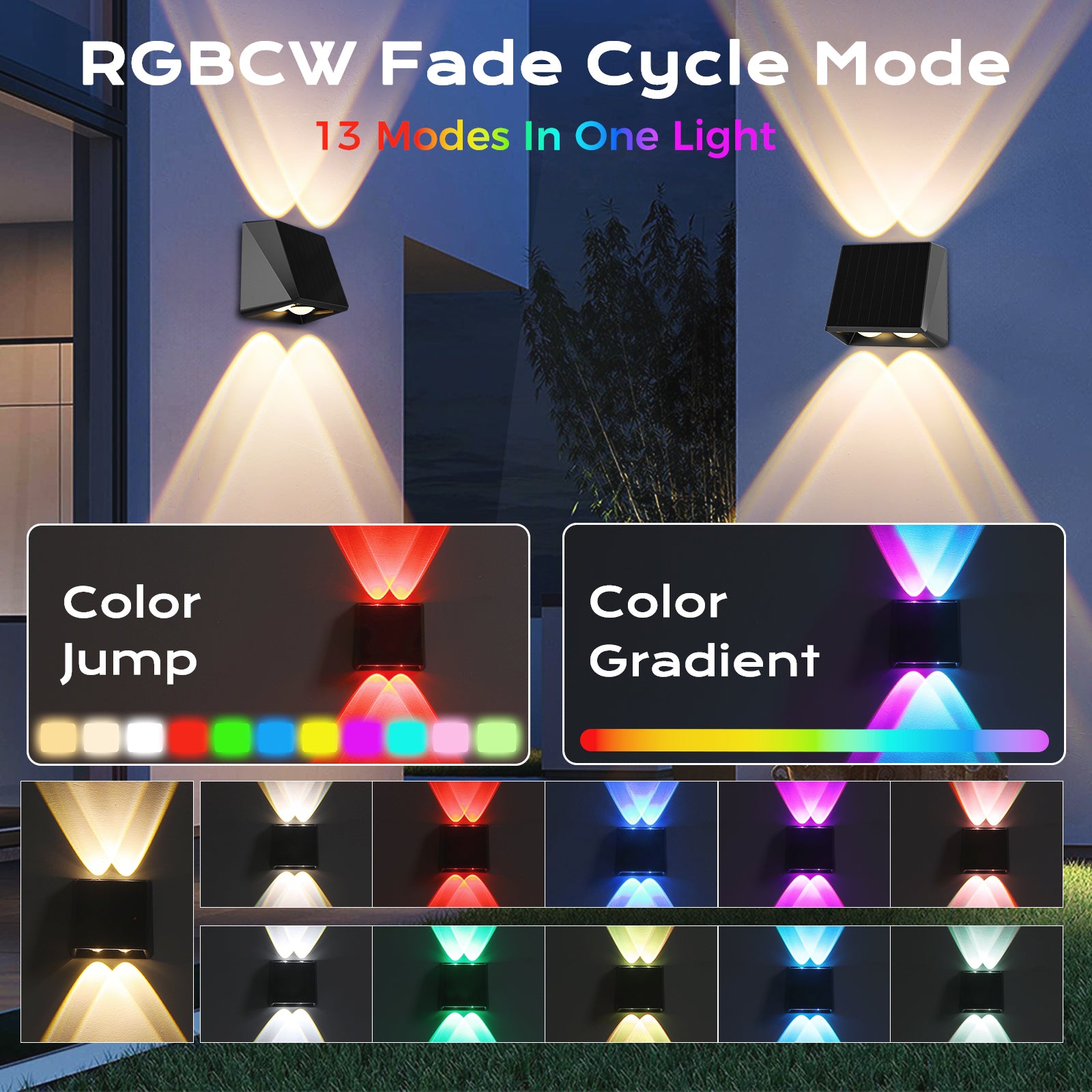 Quntis RGBCW Solar Lights Outdoor ,13Modes,RGB Colors + Warm & Cool White, Up/Down Fence Lights, IP65 Waterproof Dusk to Dawn Solar Deck Lights for Patio, Yard, Garden