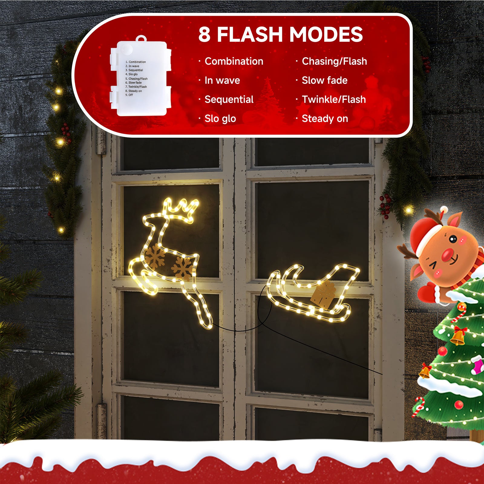 Quntis Weihnachtsfensterlichter – 2er-Pack Acryl-Elch mit Schlitten, batteriebetriebene Innen-/Außendekoration mit 95 hellen LED-Perlen