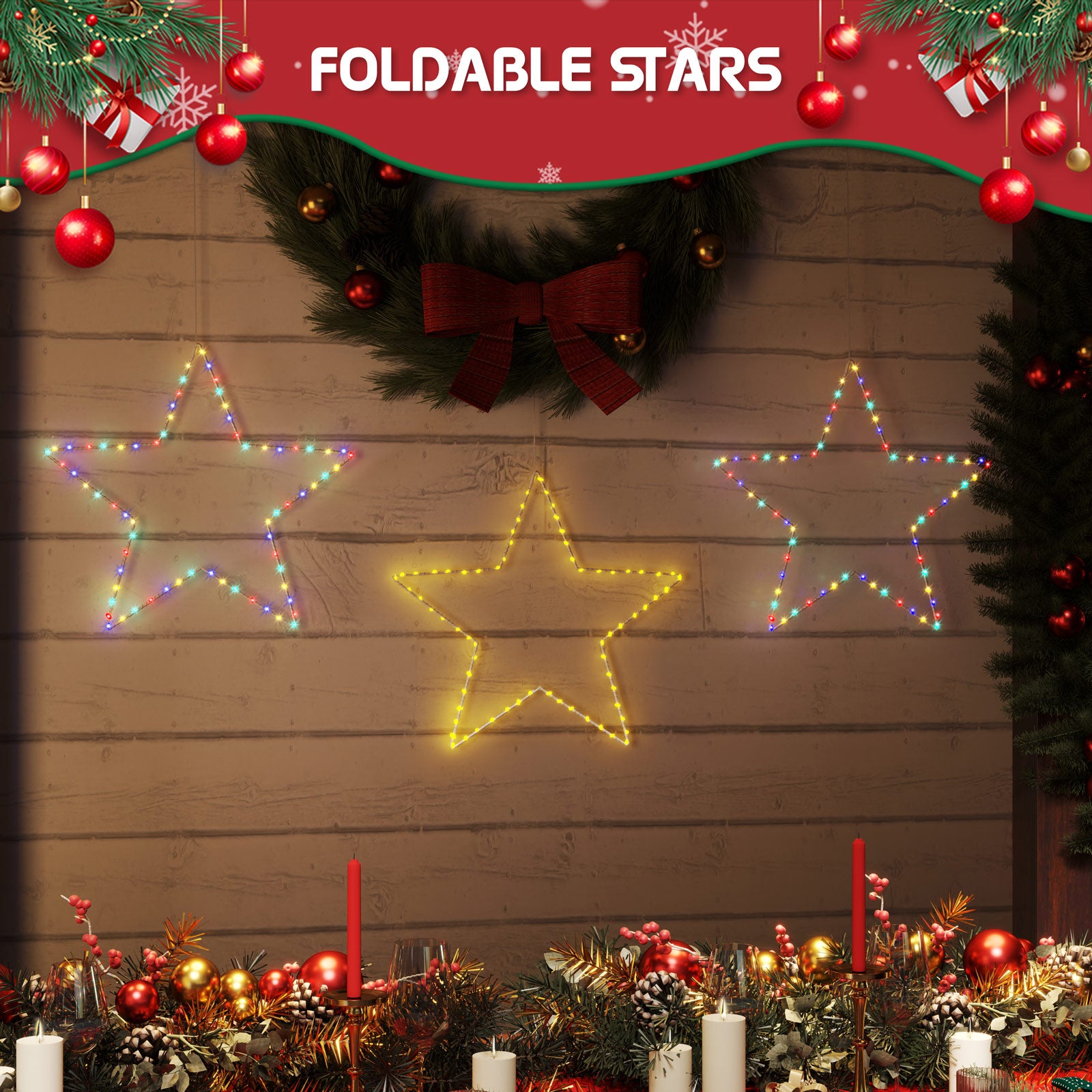 3-Piece Christmas Warm White Lighting Set – 7.6M Centipede String Lights, Triple Diamond Snowflake Window Lights & 2 Foldable 50CM Metal Star Lights