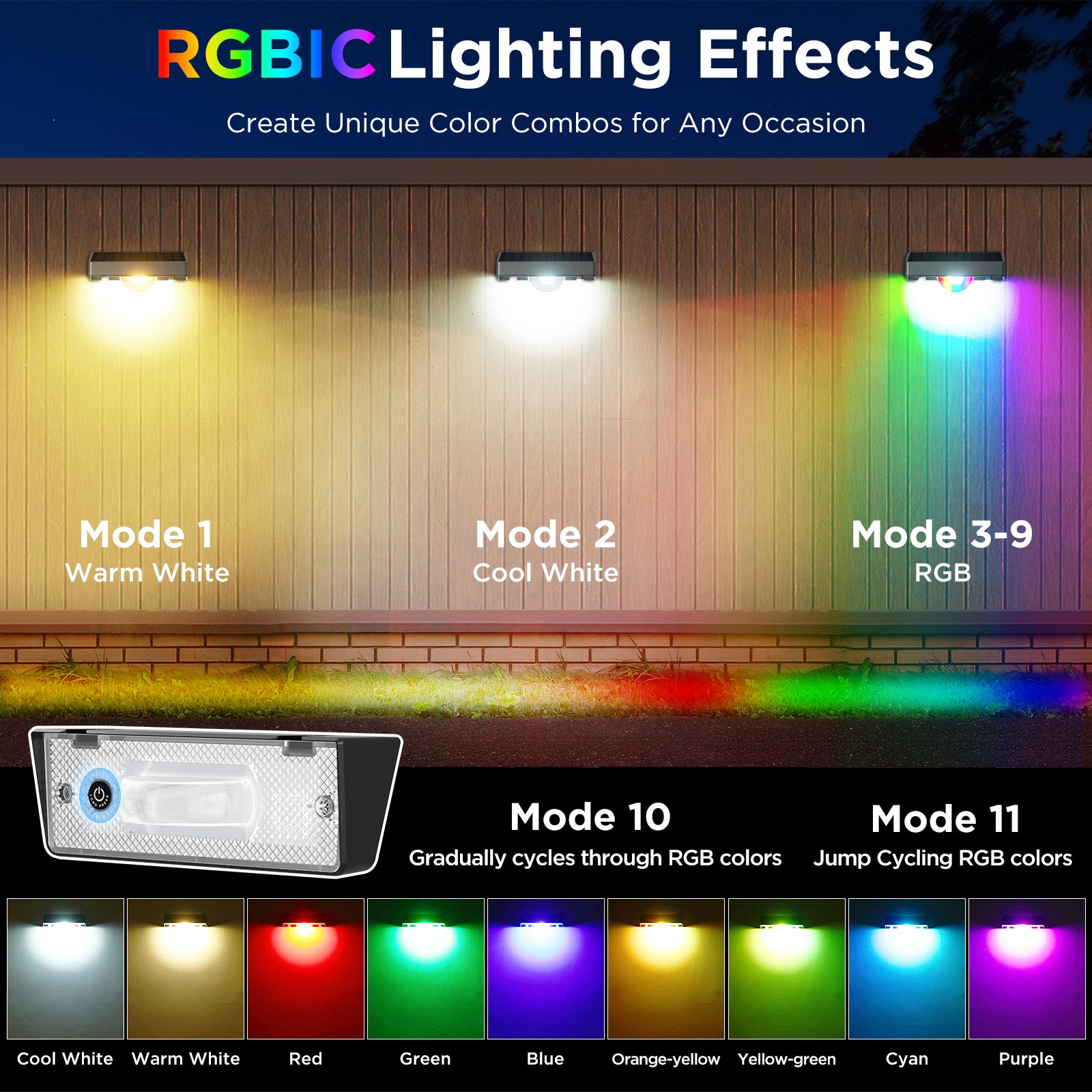 Quntis RGBCW Solar Fence Lights, 11 Color Changing Decorative Beam, IP65 Waterproof Lighting for Outdoor Fence and Railing