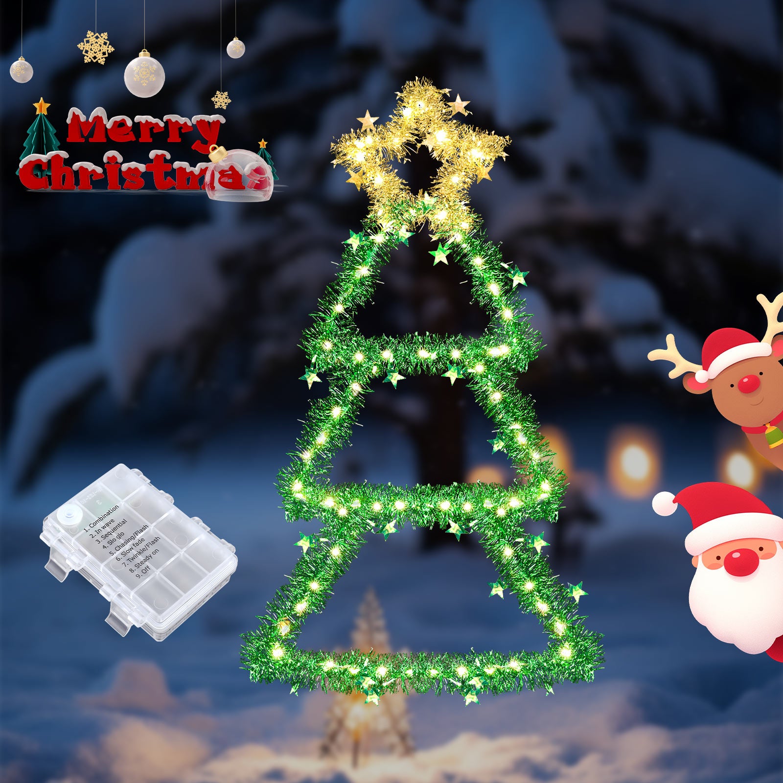 Quntis クリスマスウィンドウライト – 8モードとタイマー付きのバッテリー駆動ツリーライト、屋内/屋外装飾用の折りたたみ式金属LEDウォールハンギング