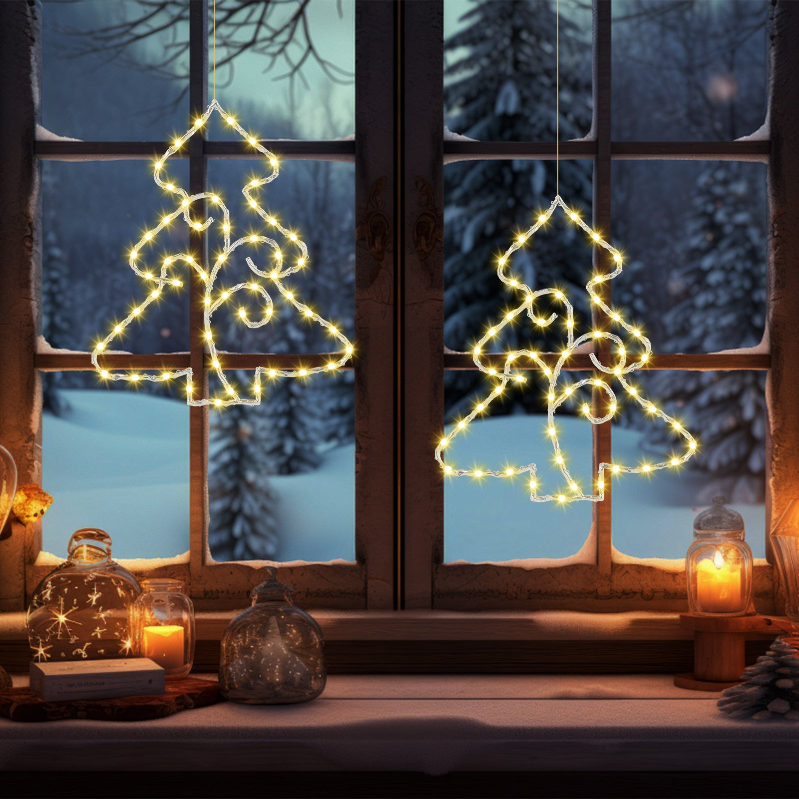 Quntis 2 Stück Weihnachtsfensterlichter, 14,5 Zoll Kristall funkelnde Weihnachtsfensterlichter batteriebetrieben mit Timer, 70 LED Weihnachtsfensterhängelichter