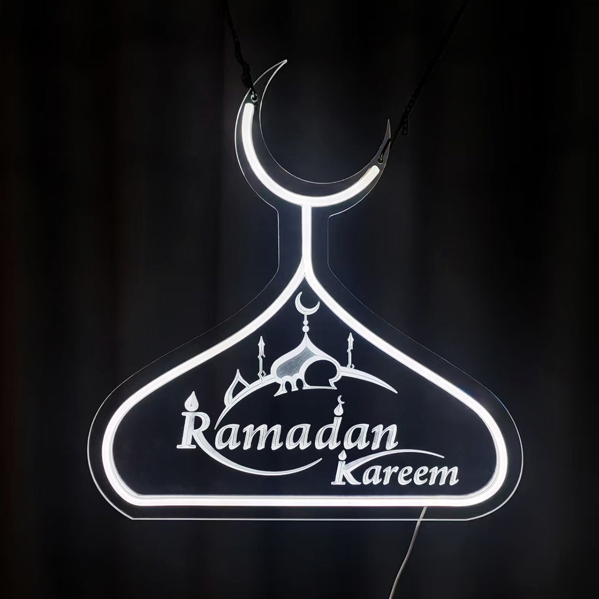 Modern Ramadan Kareem LED Sign, Mosque Dome Crescent Acrylic Hanging Decoration