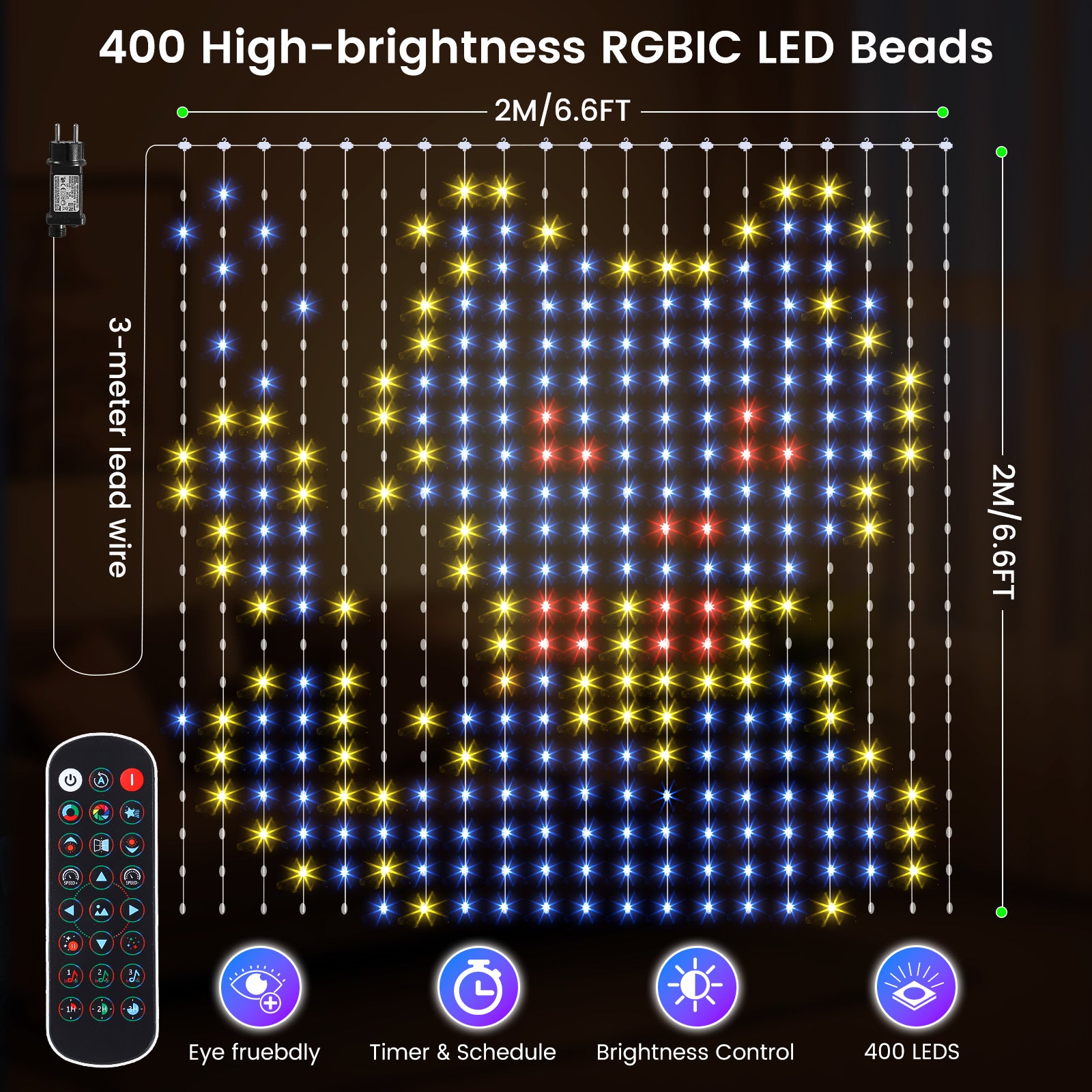 Quntis Smart RGB Curtain Fairy Lights, App/Remote Controlled with Music Sync, 3x3M 400 LED Tinsel Lights, Waterproof for Bedroom, Party & Holiday Decor.