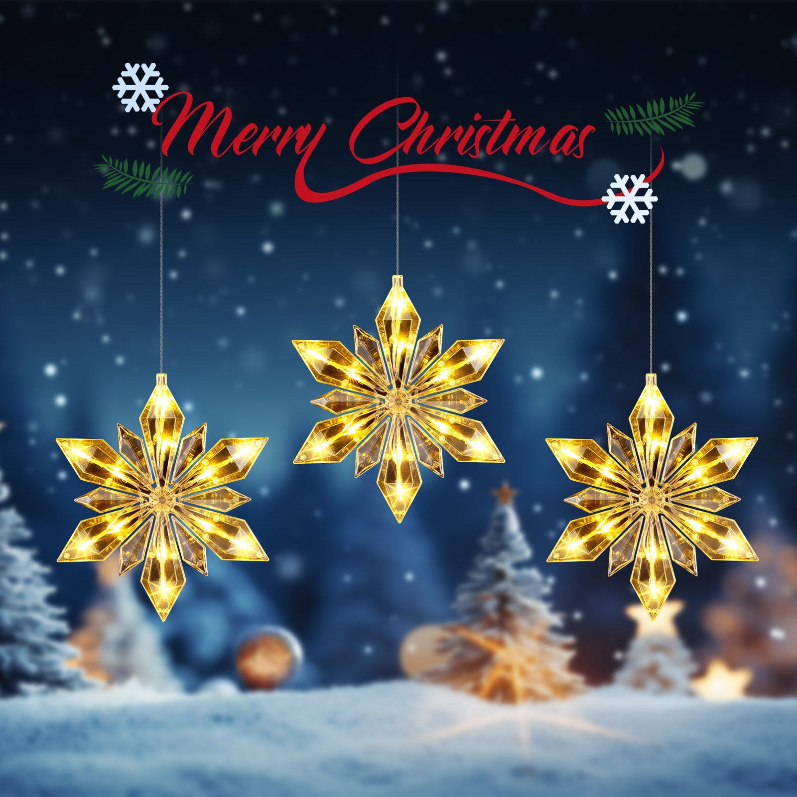 Quntis 34" Weihnachts-Schneeflocken Fensterlichter – 3er Pack, batteriebetrieben, 36 LEDs mit Timer & 8 Funkelmodi für die winterliche Innendekoration