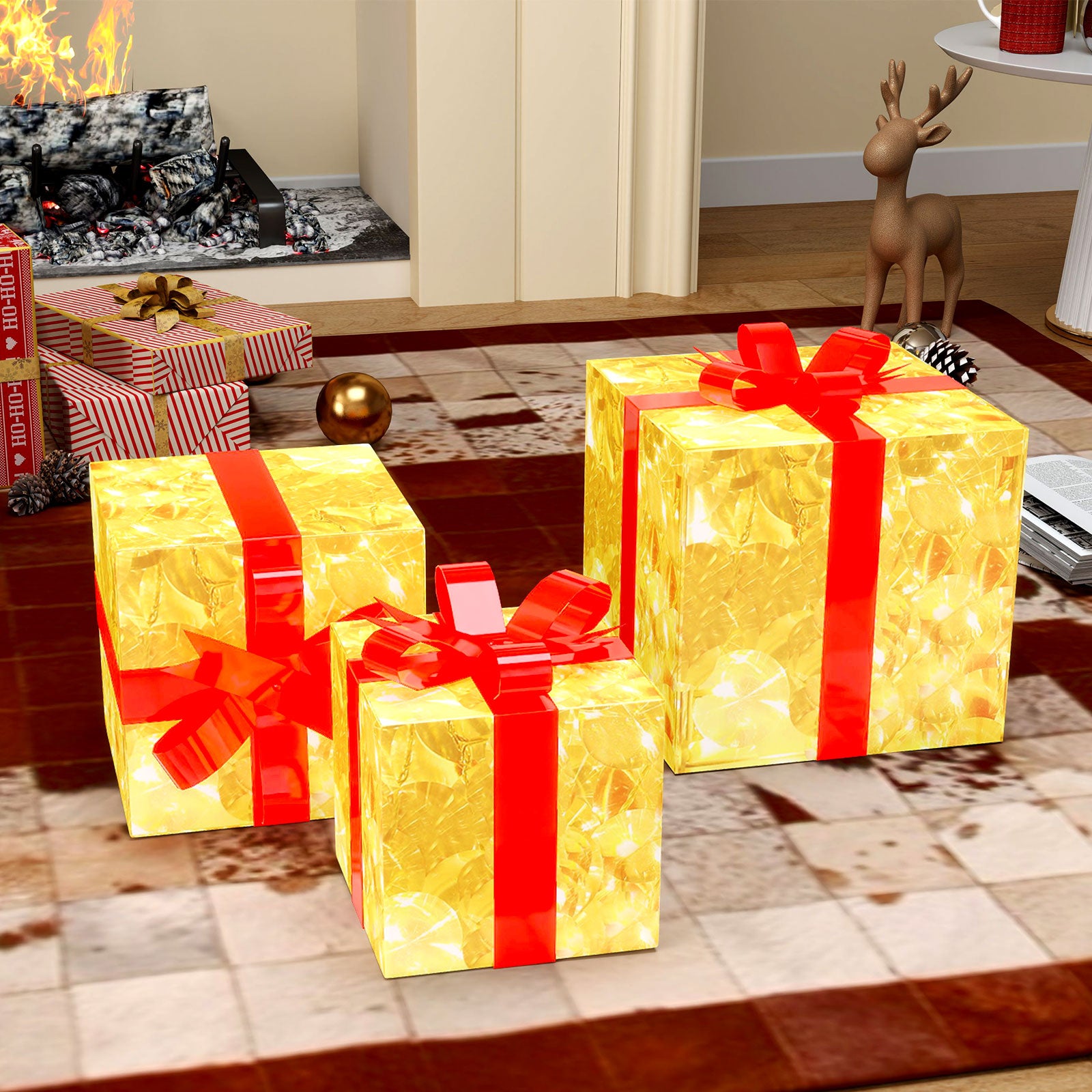 Quntis Christmas Lighted Gift Boxes – Set of 3 with 60 Super Bright LED Lights, 8 Modes & Timer, Transparent Decor with Bows, Plug-In for Holiday Decor
