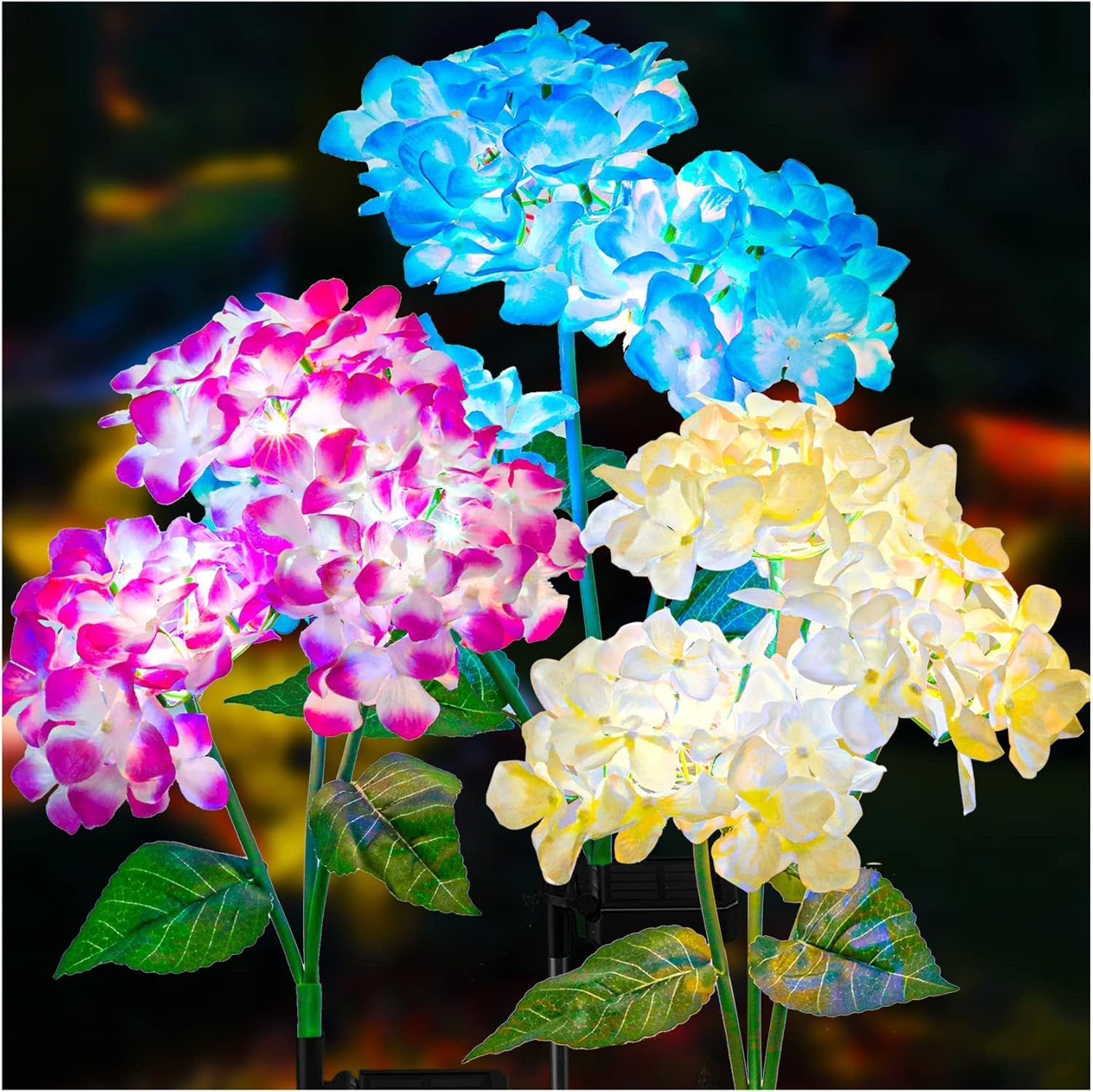Solar Hydrangea LED Lights Outdoor (4 Pack), Waterproof Garden Decorative Lights, Realistic Flower Landscape Lights for Yard, Patio, Lawn, and Pathway
