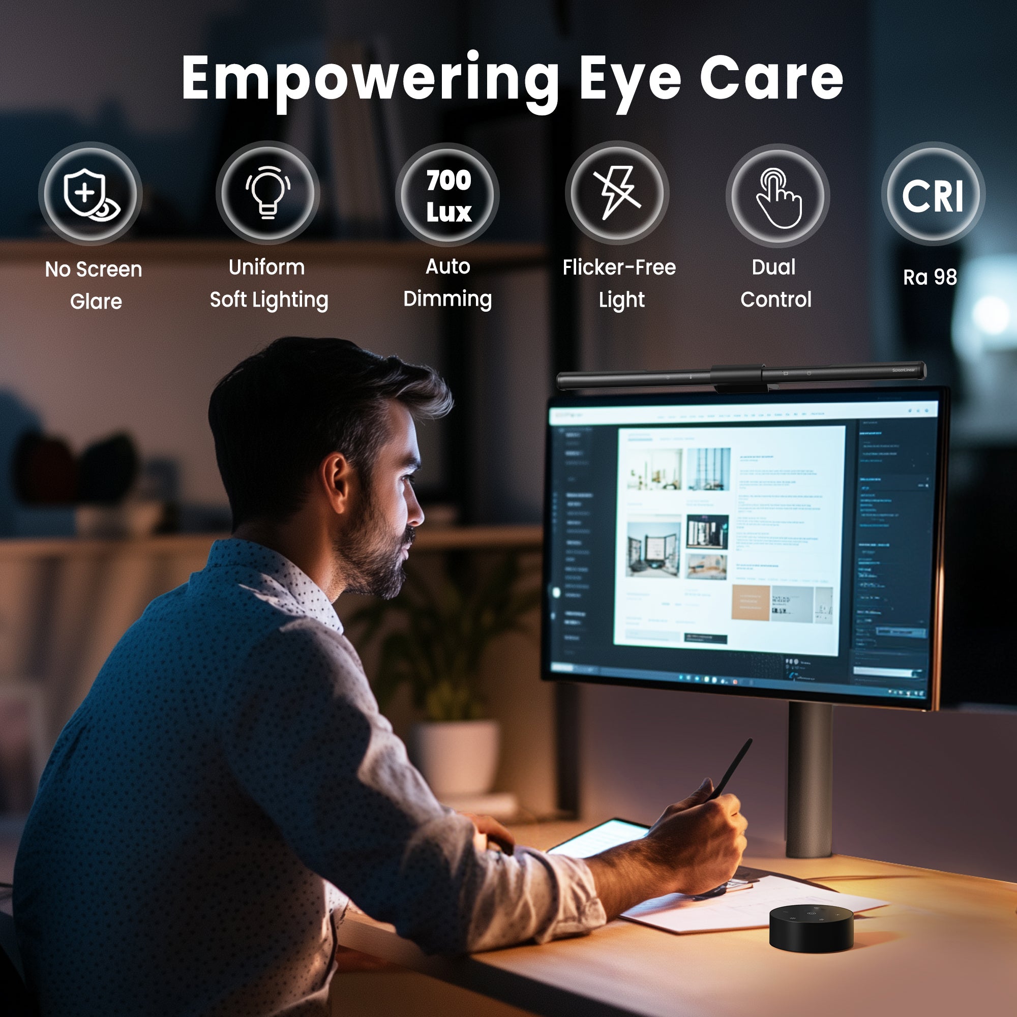 LumeEase Computer Monitor Lamp, Screen Monitor Light Bar for Eye Caring, USB Reading LED Task Lamp with Auto-Dimming, Dimmable Light Bar, Touch Control, No Glare Space Saving Home Office Desk Lamps