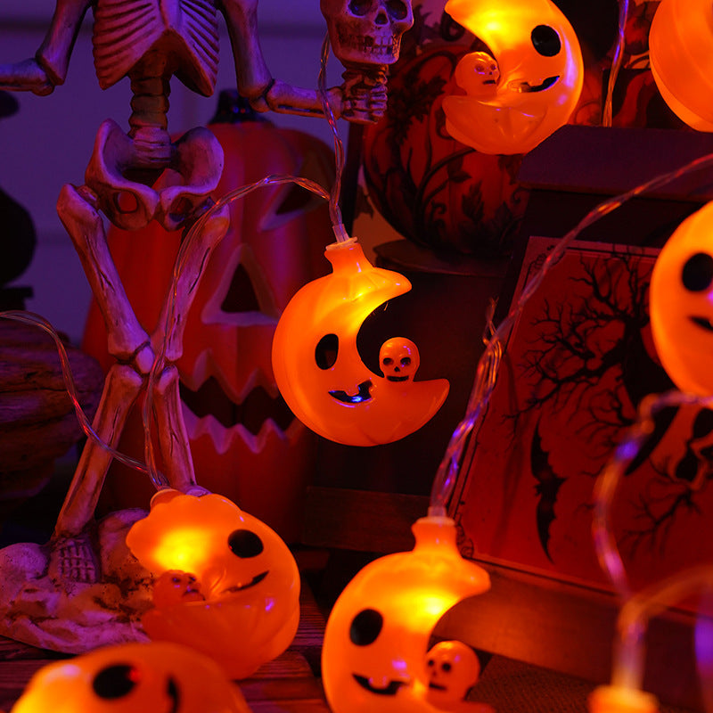Crescent Moon and Skull Halloween String Lights - Soft Ambient Glow for Indoor & Outdoor Decor, Battery-Powered and Durable for Parties and Spooky Celebrations