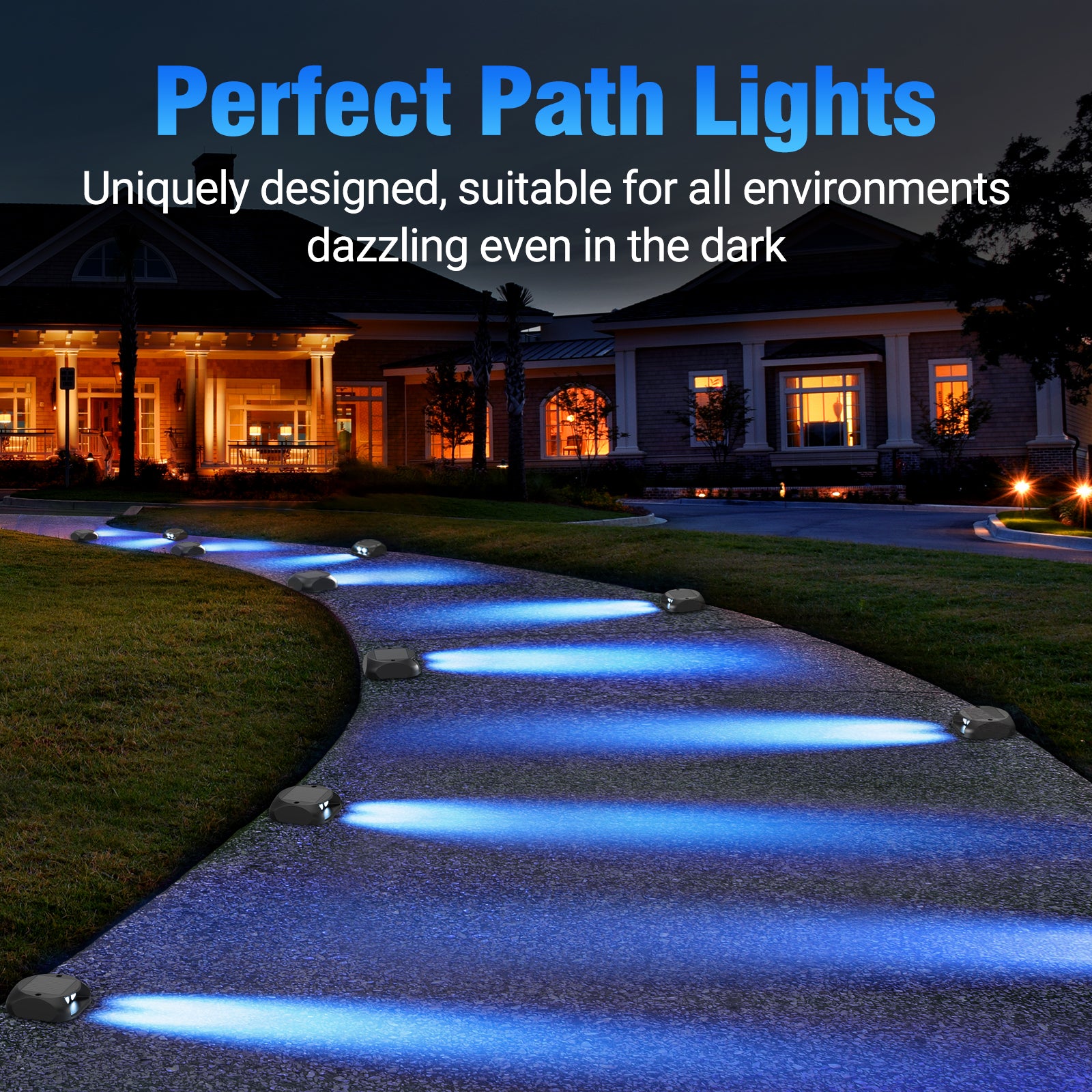 Quntis Solar Deck Lights Blue, IP65 Waterproof Dusk to Dawn Ground Lights, High Visibility Solar Powered Outdoor Lighting for Deck, Step and Pathway