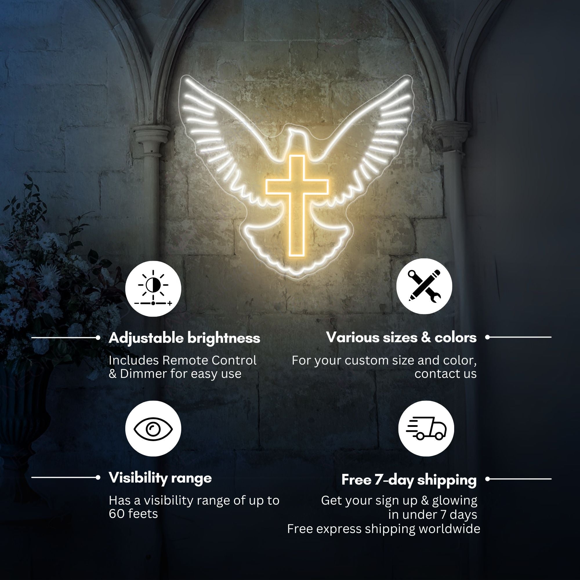 Holy Spirit Dove Neon Wall Light – Glowing Cross Christian LED Sign for Home & Church Decor